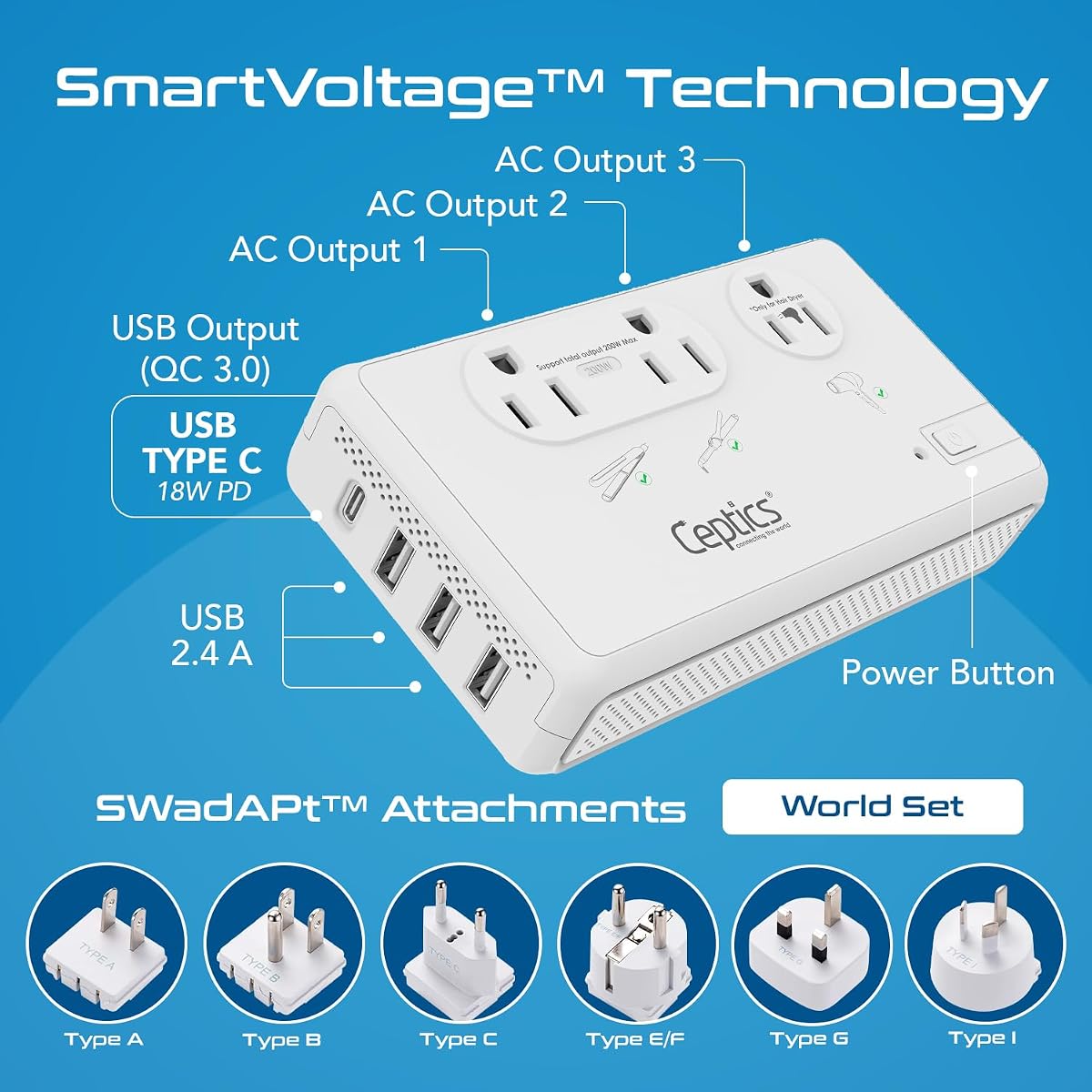 Ceptics Voltage Converter, 200W + 2000W, 4 USB Ports, 6 SWadAPt Plugs White image 1