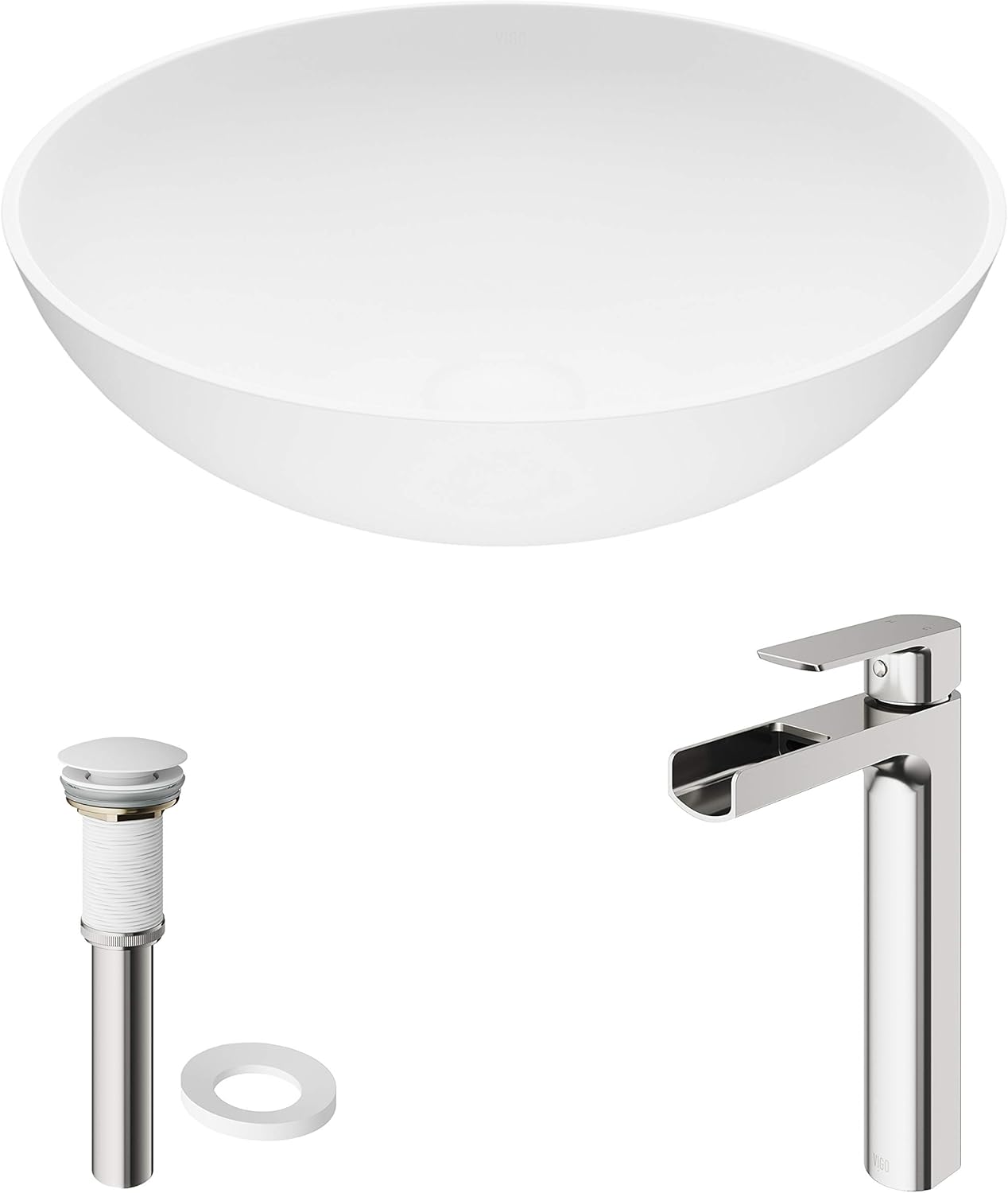 VIGO 16" L -16" W -10" H Lotus Matte Stone Round Vessel Sink Set in White with Faucet and Drain -VGT1408