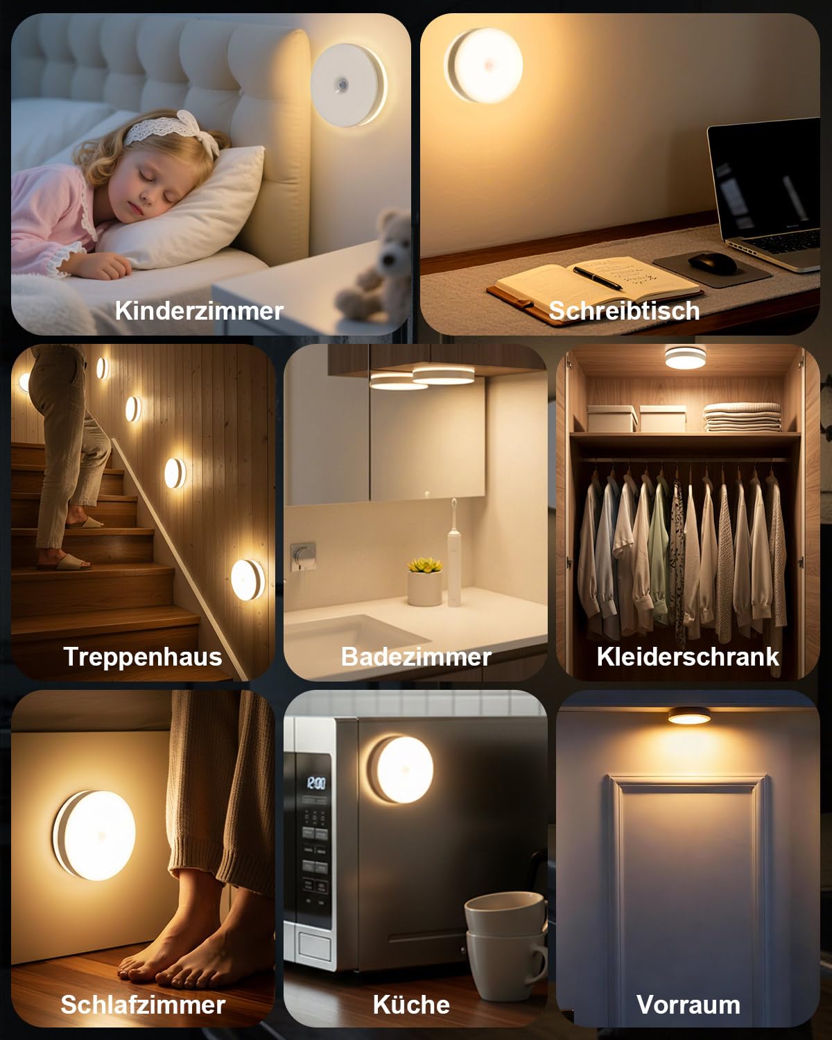 6PCS LED Bewegungsmelder Nachtlicht, Warmweiß, Selbstklebend, Auto Ein/Aus, Orientierungslicht für Flur Treppe Schlafzimmer