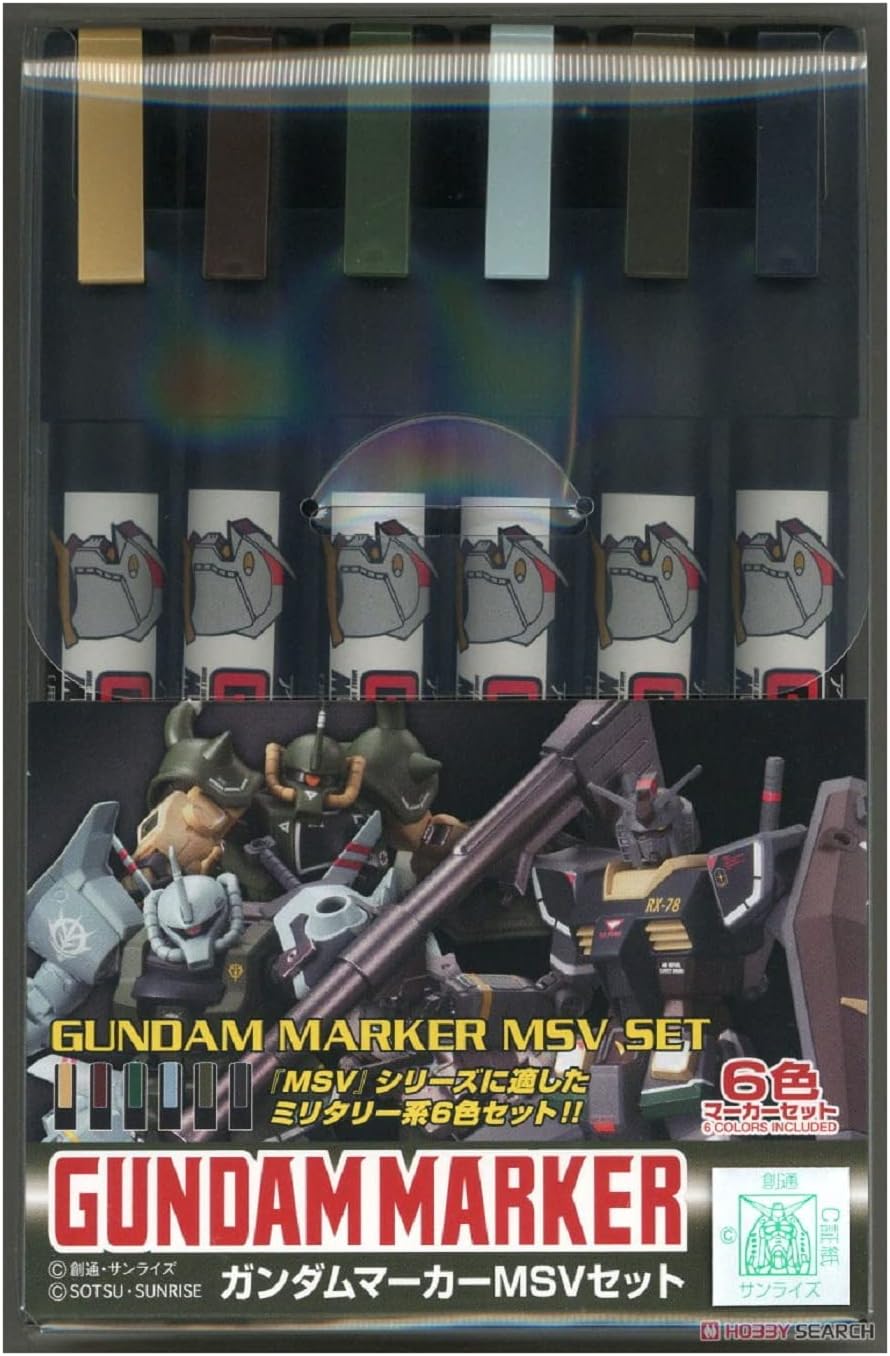 Mr Hobby GSI Creos Gundam Marker MSV Mobile Suit Variations Set 6 Colors Dark yellow, Red brown, Dark green, Light blue, Brown green Dark gray GMS127 With Original Stylus Ballpoint Touch Pen