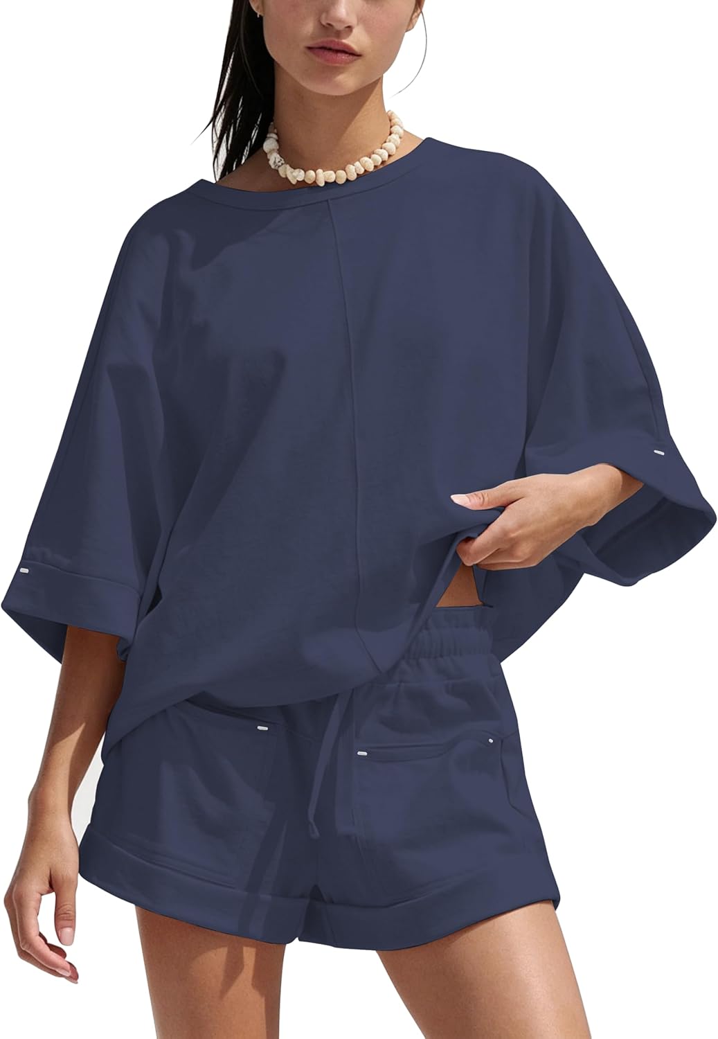 HangNiFang Women Oversized 2 Piece Shorts Sets Batwing Half Sleeve Tops Drawstring Shorts Summer Lounge Outfits