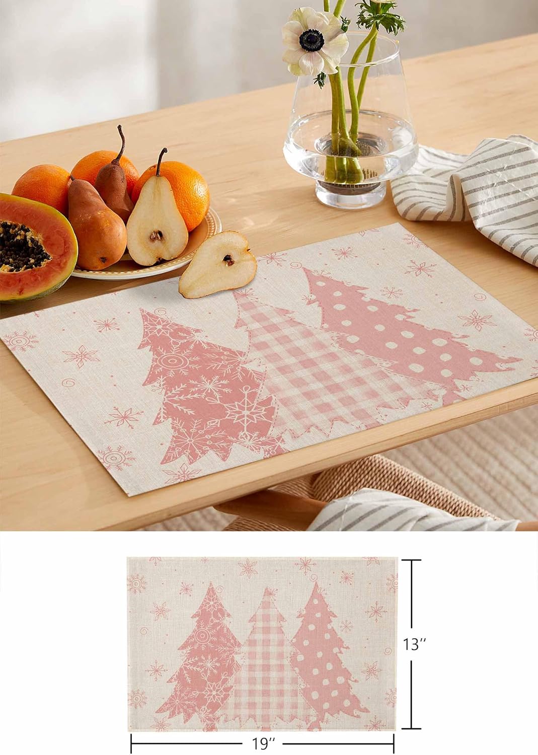 Pink Christmas Table Runner with Placemats Set of 2, Cotton Linen Kitchen Dining Mats Long Tablerunner 13"x90" Retro Xmas Pink Snowflake Pine Tree Beige Table Mats Set for Living Room/Dresser/Dining