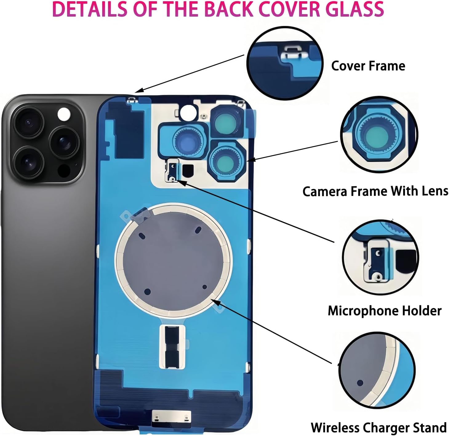 Rear Back Screen Cover Replacement Compatible with iPhone 16 Pro All Carriers 6.3" + Pre-Installed Plate + Wireless Charging Coil Flex Cable + Microphone + Flashlight + Camera Frame (Natural)