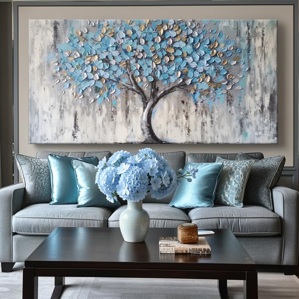 Tree of Life Canvas Wall Art - Abstract Light Blue Artwork for Living Room Bedroom Decor, Modern Framed Tree Painting Ready to Hang, Contemporary Home Wall Decoration 147x73cm (58x28in)