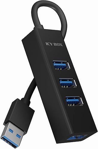 ICY BOX Hub de carcasa de aluminio de alta calidad USB 3.0 de 4 puertos que admite múltiples dispositivos USB simultáneamente - Cable USB integrado
