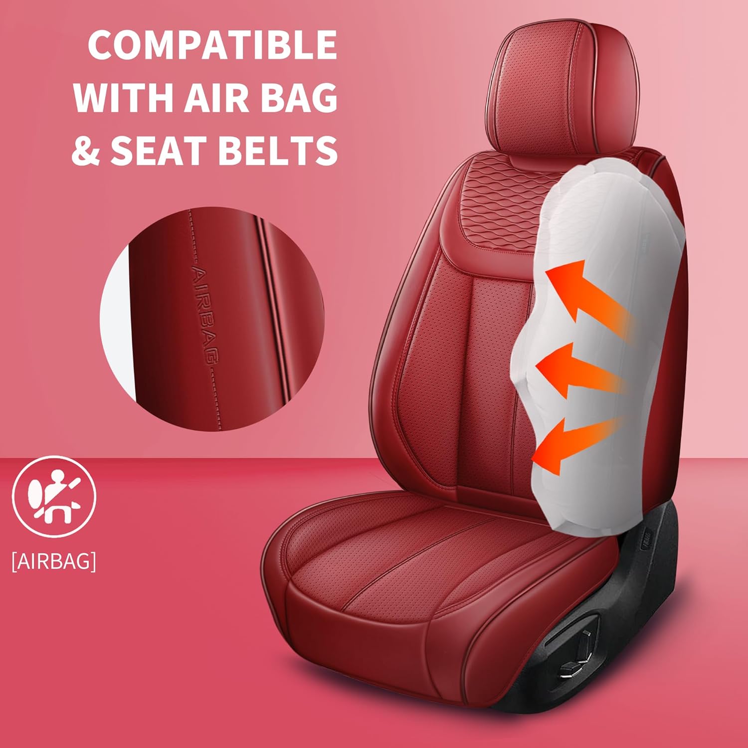 Car Seat Cover Front Seats, Waterproof Seat Covers, Luxury Faux Leather Car Seat Protectors, Red Car Seat Cover, Automotive Seat Covers Universal Fit for Most Cars