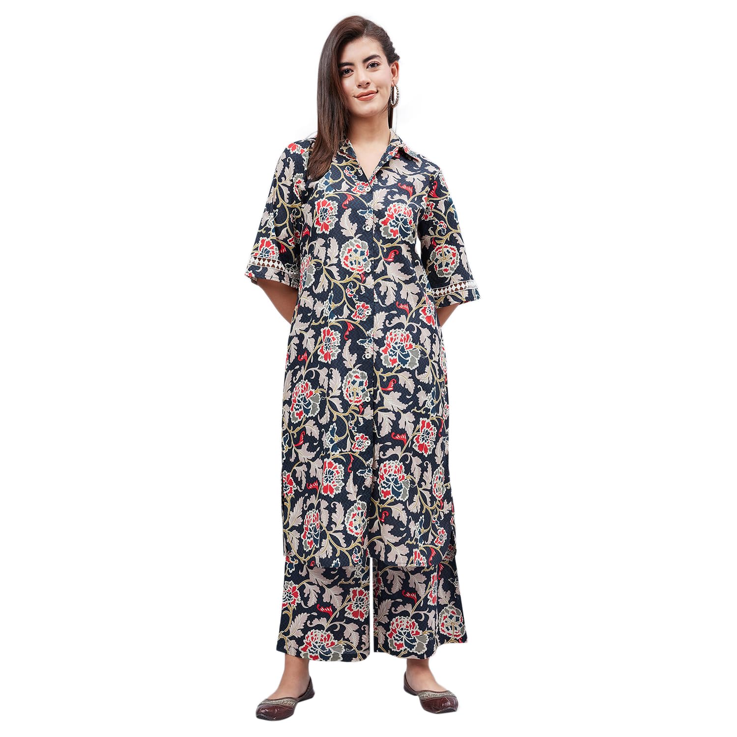 Woman Green Oversized Floral Print Sleeve Lace Co-Ord Set-image-11