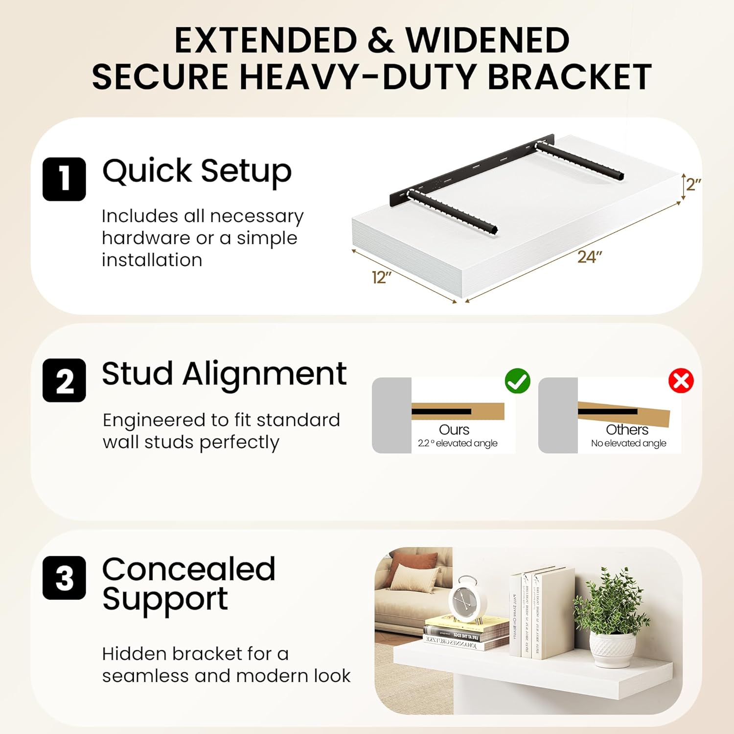 White Floating Shelves 55Inch Long, 12 Inch Deep Floating Shelves for Wall, 55 x 12 Large Floating Shelf for Fireplace Mantel, 2" Thicked Rustic Wall Shelves for Living Room, Bedroom Storage, 2 Packs
