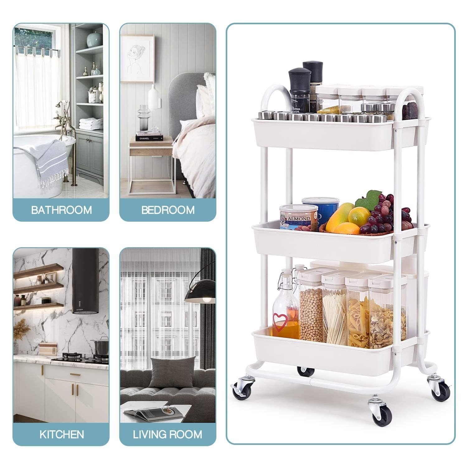 Carrello di Servizio Carrello Portaoggetti A 3 Ripiani Con Ruote E Maniglie, Carrello Multiuso, Carrello Di Servizio Per Casa, Ufficio, Cucina, Bagno Carrello Salvaspazio(White)