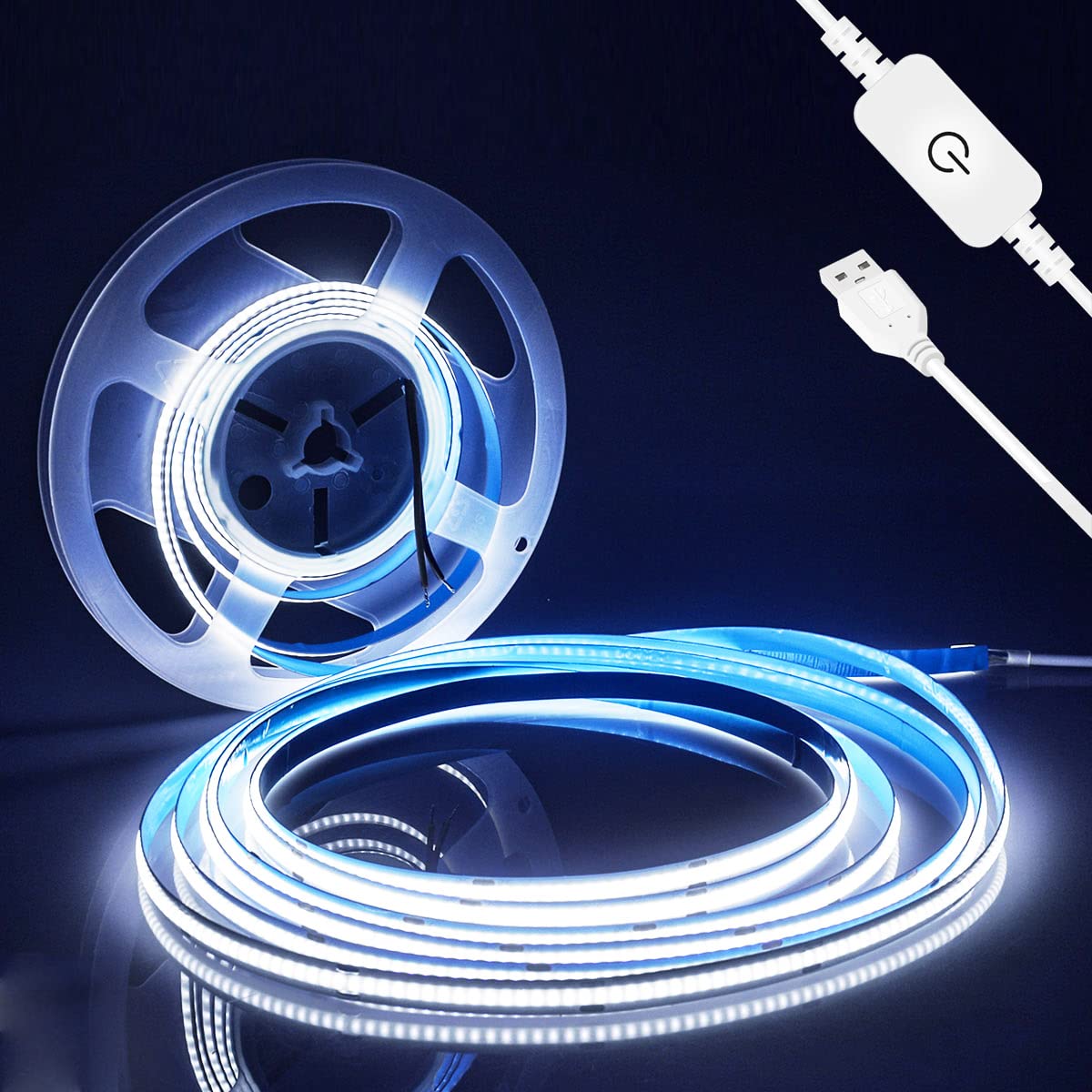 GEYUEYA HomeUSB COB LED Strip Light Cold White 2M,Flexible Rope Tape Light Dimmable 6000K 5V 320LEDs/M Self-Adhesive Led Backlight for Cabinet,Bedroom,Wardrobe DIY Lighting