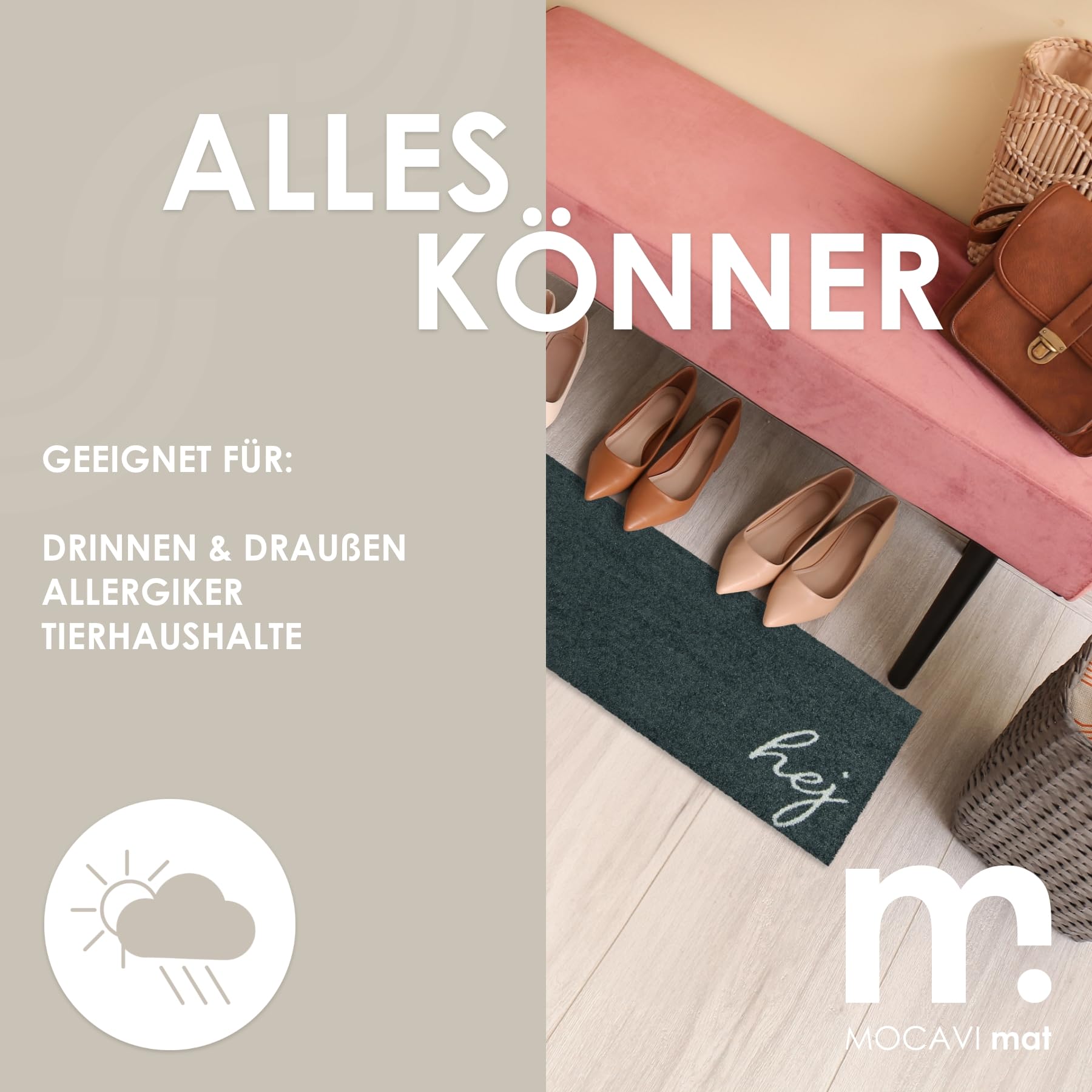 MOCAVI Mat Fußmatte Schuhparkplatz 30x100 cm waschbar warm-grau Hej Scandi Schuh-Teppich lang, schmal, Schuhe ausziehen, Deko sbereich innen, außen, Matte, Haustür, Stiefelmatte