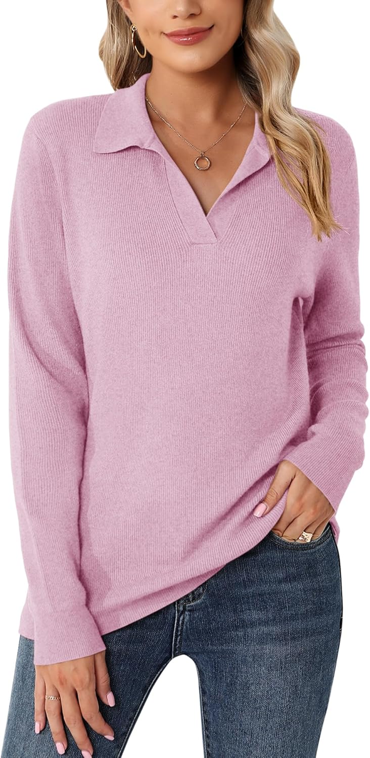 Romanstii Women's Knitted Collared Sweaters Long Sleeve V-Neck Polo Shirts Winter Pullover Tops