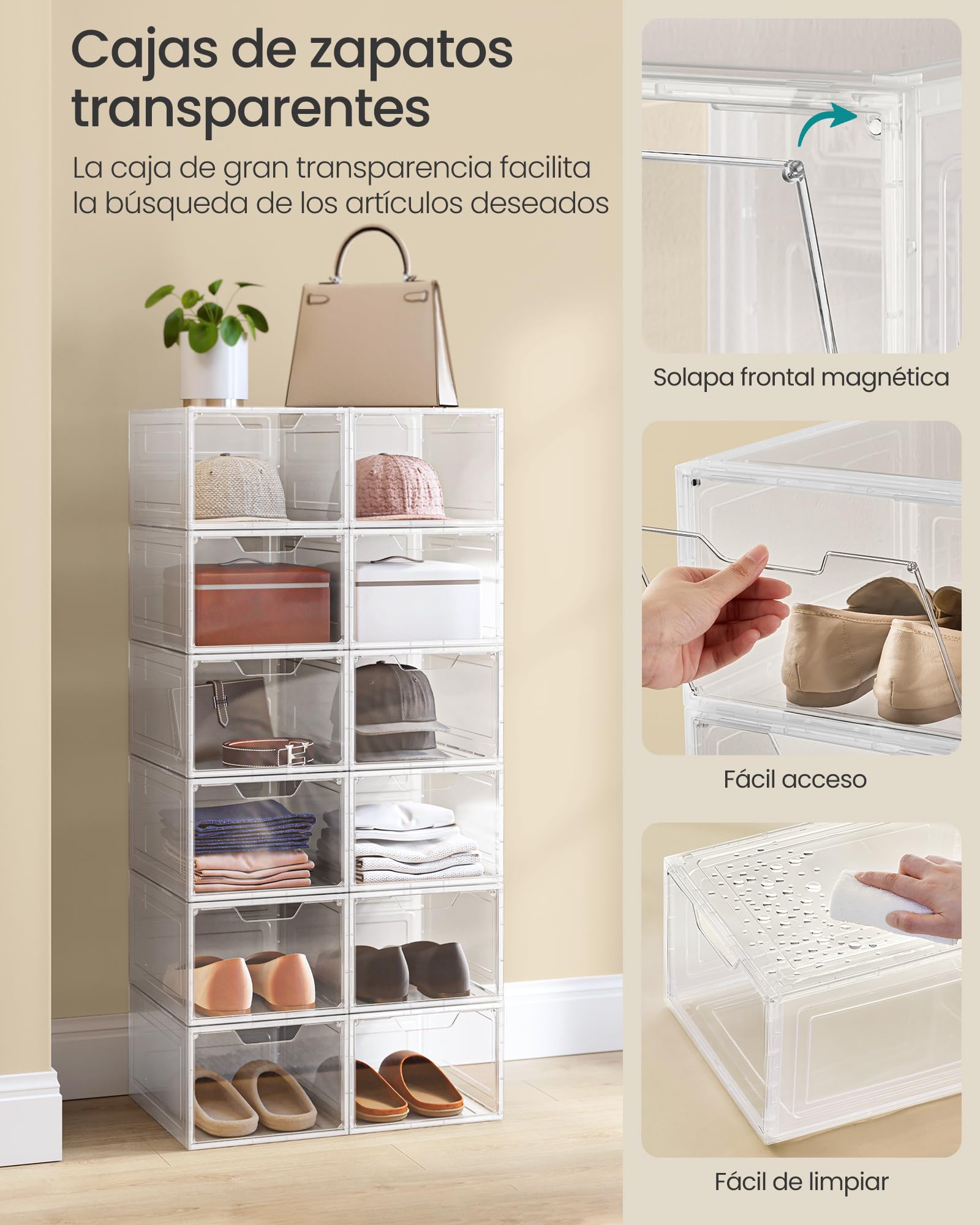 SONGMICS Cajas de Zapatos, Cajas Plástica Apilable para Zapatos, Juego de 12 Organizador de Zapatos, Ahorro de Espacio, Fácil Montaje, 34 x 25 x 18,4 cm, Hasta Talla 44, Blanco Transparente