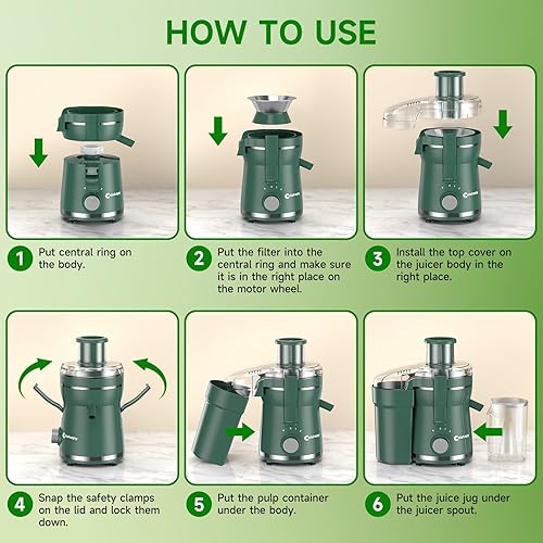 Miniatura 7 de Exprimidor verde de máquina, extractor centrífugo de 500 W con 3 velocidades y boca ancha, canal de alimentación de 3 pulgadas para frutas y