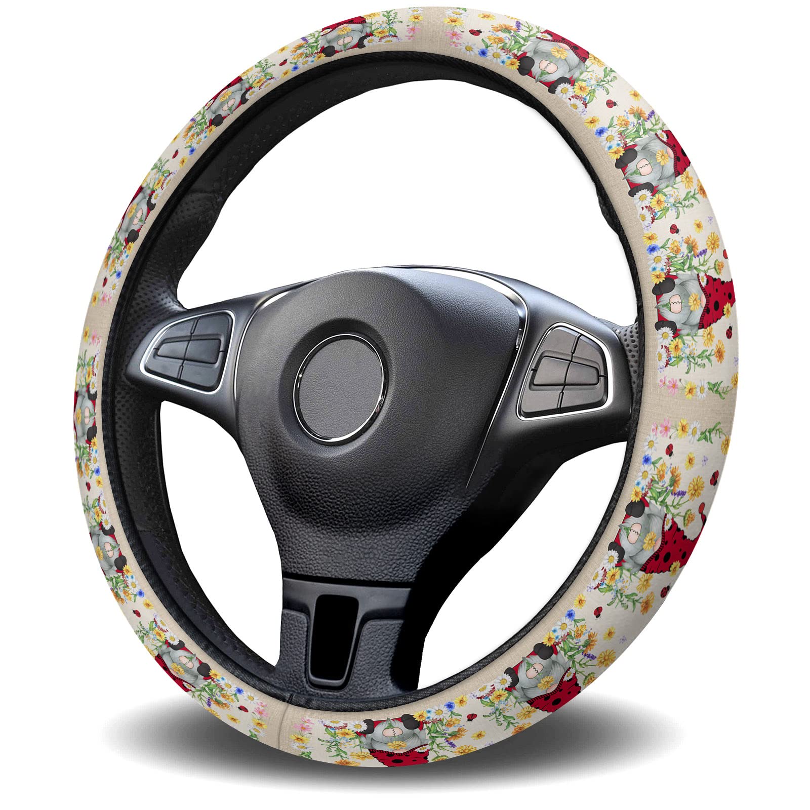 Universal Steering Wheel Cover for Women/Men Gnome Ladybuy Daisy 15 Inch Anti-Slip Washable Breathable Car Wheel Protector for SUV/Trucks,Car Interior Decorations Spring Summer Flower 1 pcs