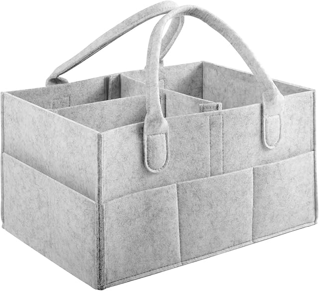 LONENESSL Baby Diaper Organiser, Nappy Caddy Felt Storage Box with Pocket, Portable Baby Wipes Basket with Compartment, Nursery Storage Bin Foldable Tote Bag Organiser for Car Travel (Light Grey)