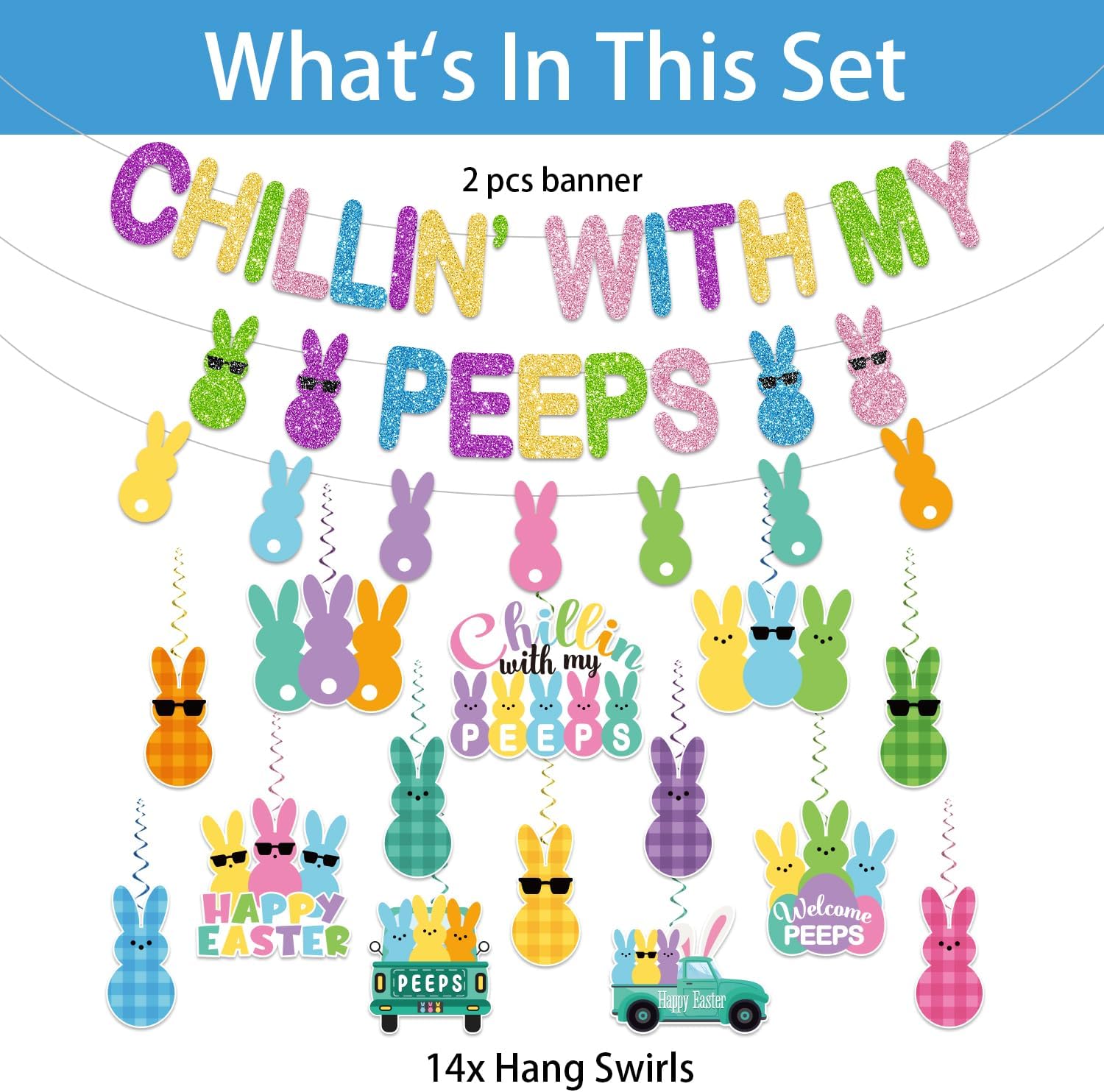 Easter Banner, No-DIY Glitter Colorful Chillin with My Peeps Banner, Easter Banners for Easter Party Decorations, Easter Peeps Decorations for Outdoor Indoor Easter Party Spring Party Banner - Image 2