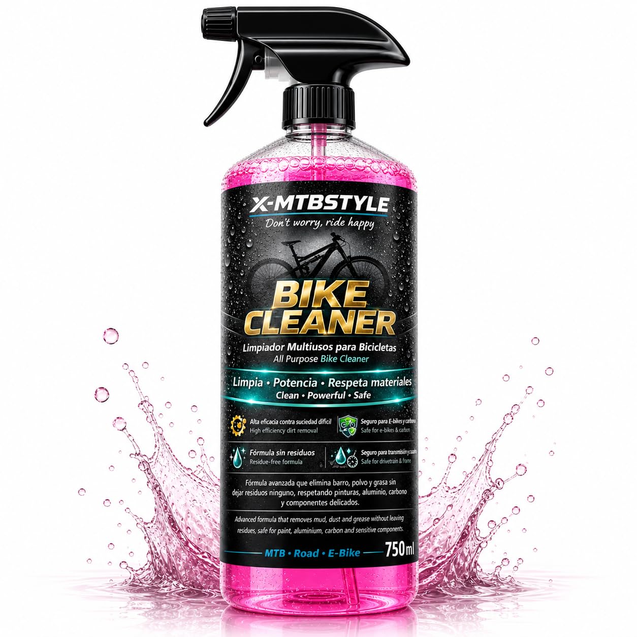 X-MTBSTYLE Środek do czyszczenia rowerów, 750 ml, spray do czyszczenia rowerów górskich, elektrycznych i szosowych - usuwa błoto, tłuszcz i brud - łagodny do malowania, łańcucha i komponentów (Dry