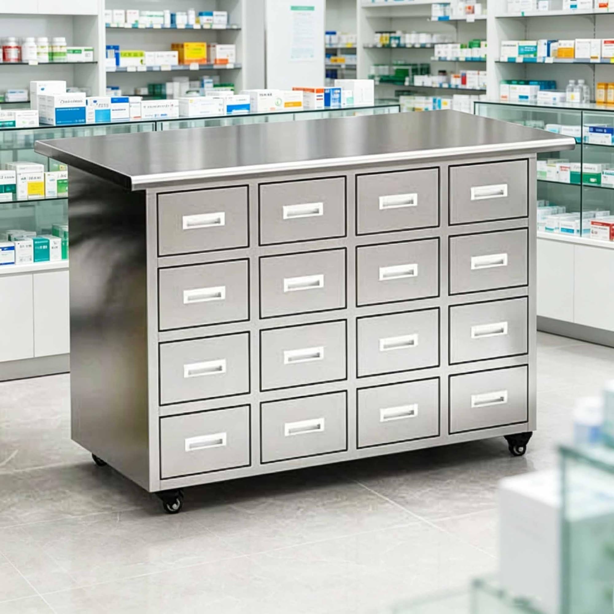 Apothecary Cabinet, Stainless Steel Chests Herb Storage Box with Wheels, 16- Drawer Library Card Catalog Cabinet for Organize Herbal, Tea Bag, Jewelry (Sliver)