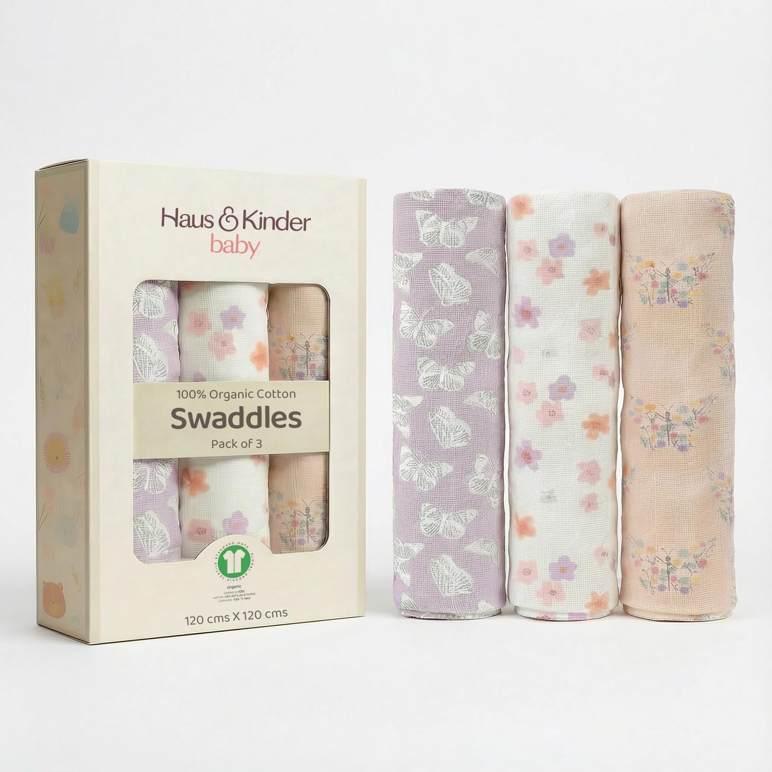 Organic Cotton Muslin Swaddle Cloth- Pack of 3 | Organic Cotton Baby Muslin Swaddle | Organic Swaddle for Newborn | Cottons Swaddles for Baby | Papillon Paradise | 120 X 120 Cm