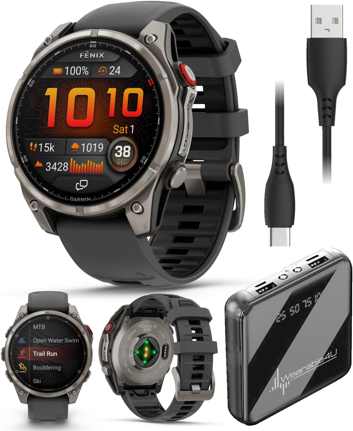 Wearable4U Garmin Fenix 8 Pro - 47mm AMOLED Premium Connected Multisport GPS Smartwatch, inReach Technology, Sapphire, Titanium with Graphite/Black Silicone Band w PowerBank Bundle