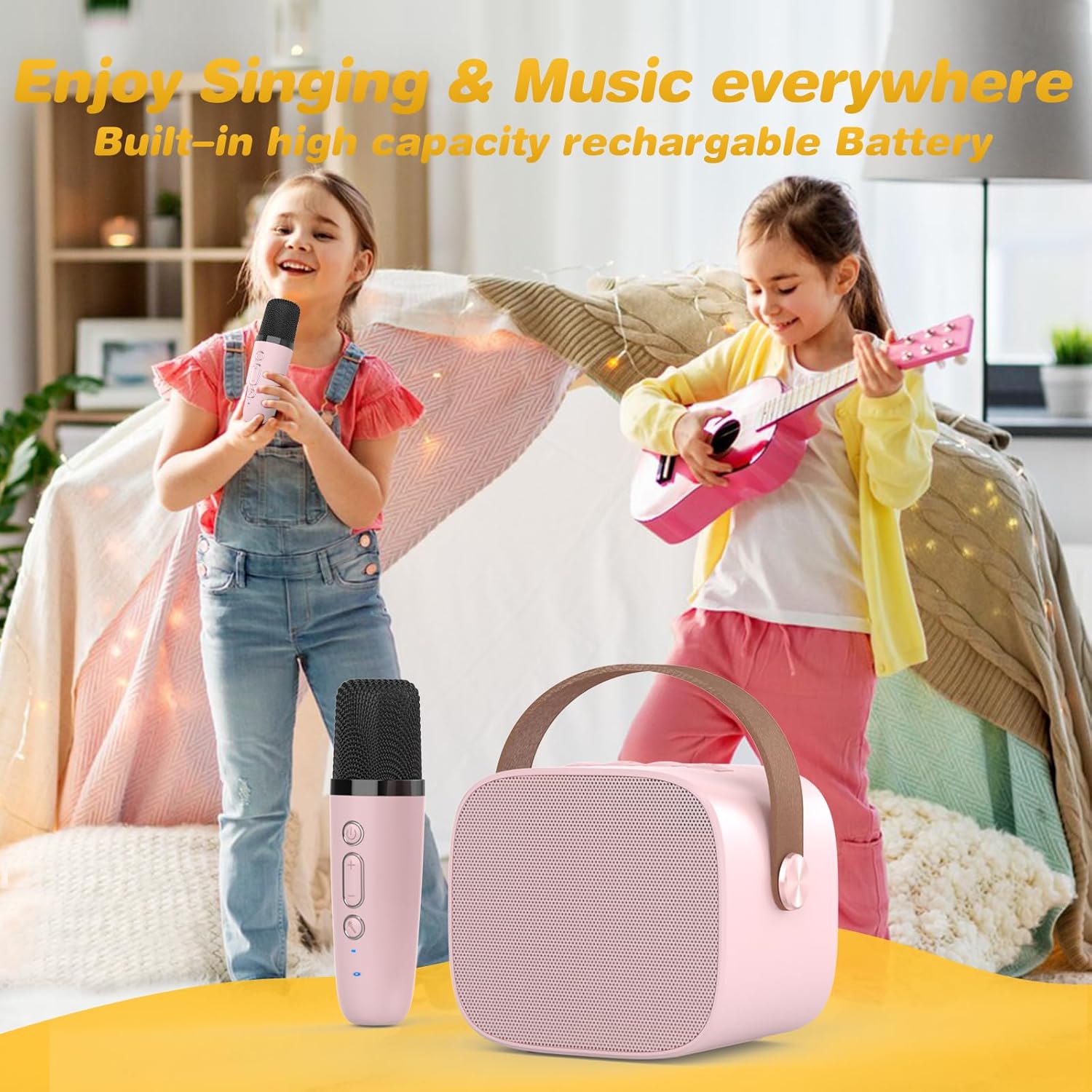 Mini Karaoke Machine,Funny Toys Christmas Birthday Gifts for Kids Age 4-12 Girls,Boys,Adults,MEGUO Karaoke Microphone Toys for 4,5,6,7,8,9,10,11,12+ Year Old Girls Boys (Pink 2 Mics)