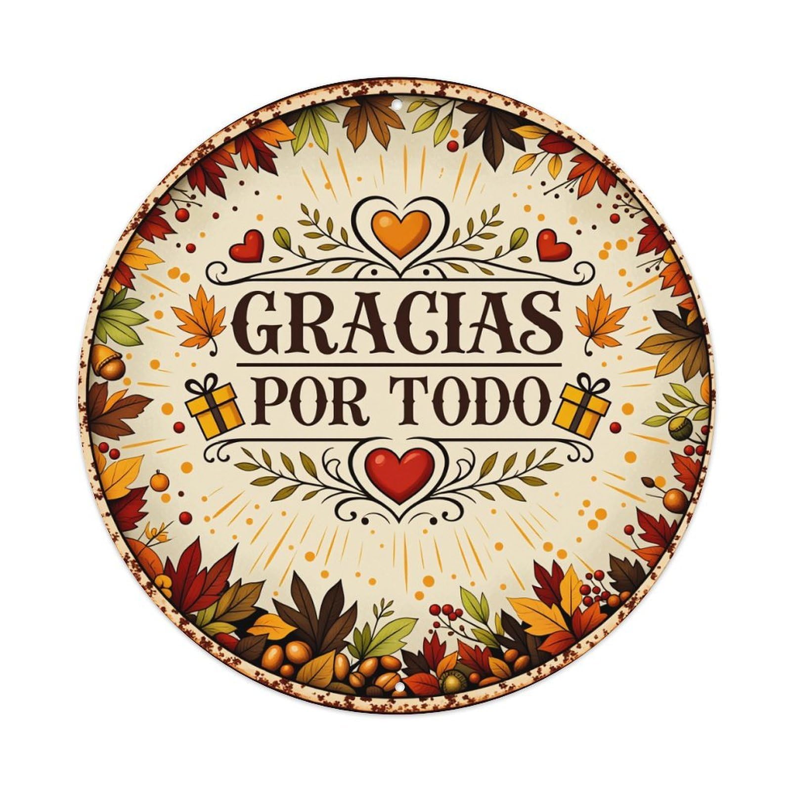 Autumn Leaves Hearts Gifts Sunburst Round Tin Sign Vintage Style Metal Sign Home Bar Garden Wall Plaque Decor Metal Poster 8x8 Inch