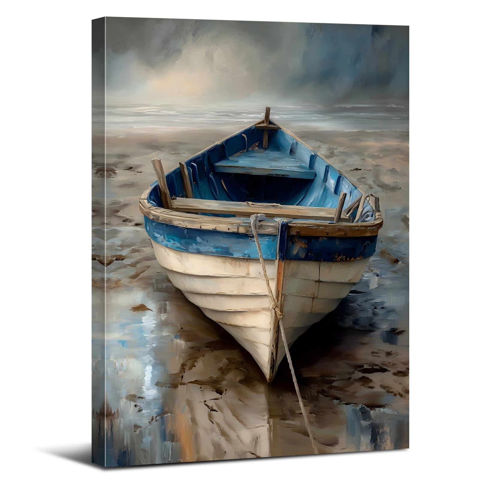 Coastal Wall Art Farmhouse Ocean Rowing Boat Canvas Painting Nautical Bathroom Decor Seascape Wall Pictures Prints Abstract Sea Boat Landscape Poster Framed Artwork for Living Room Decoration 24x36"