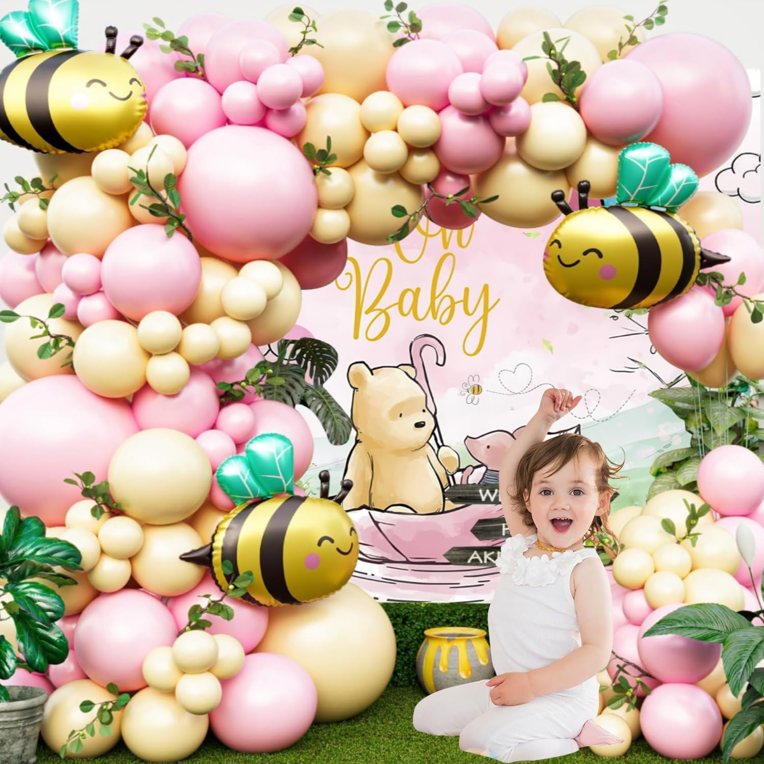 Pink and Yellow Winnie Balloon Arch with Backdrop For Pooh Baby Shower Decorations Cute Bee Bear Birthday Party Balloons Supplies For Girl