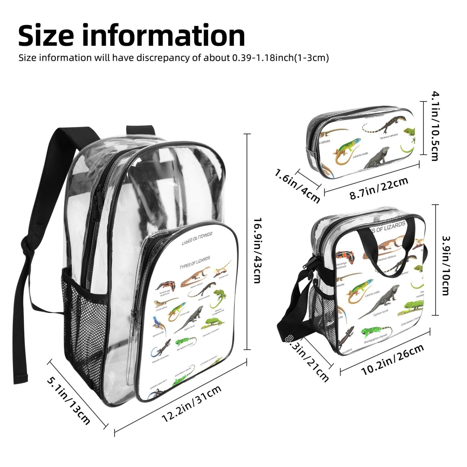 Diversi tipi di zaino stampato lucertola Set 3 in 1 borsa trasparente per eventi scolastici e lavoro stadio e trasporto quotidiano
