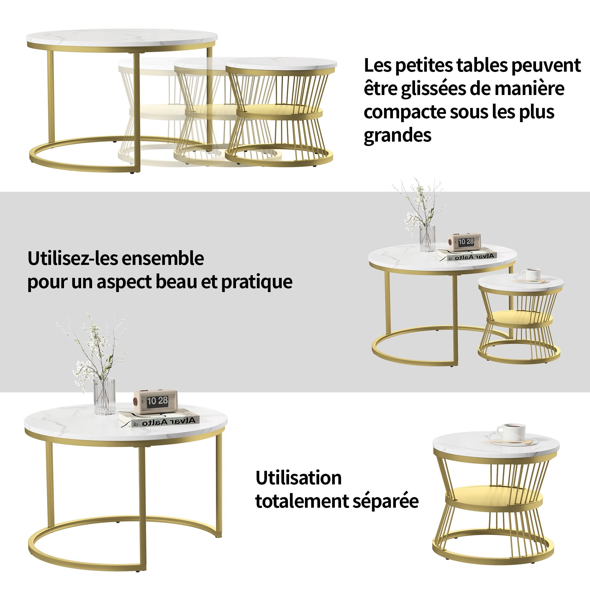 Set di 2 tavolini rotondi rimovibili, tavolini impilabili con gambe in metallo dorato e piano con motivo marmo, per soggiorno, balcone (color oro)