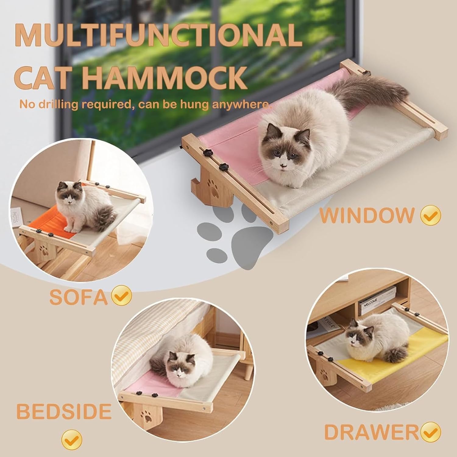 Cat Window Perch Wood Frame Kitty Hammock Hanging Seat 22" x 15" Sturdy Bedside Drawer Cat Perch for Large Small Indoor Cats (Yellow)