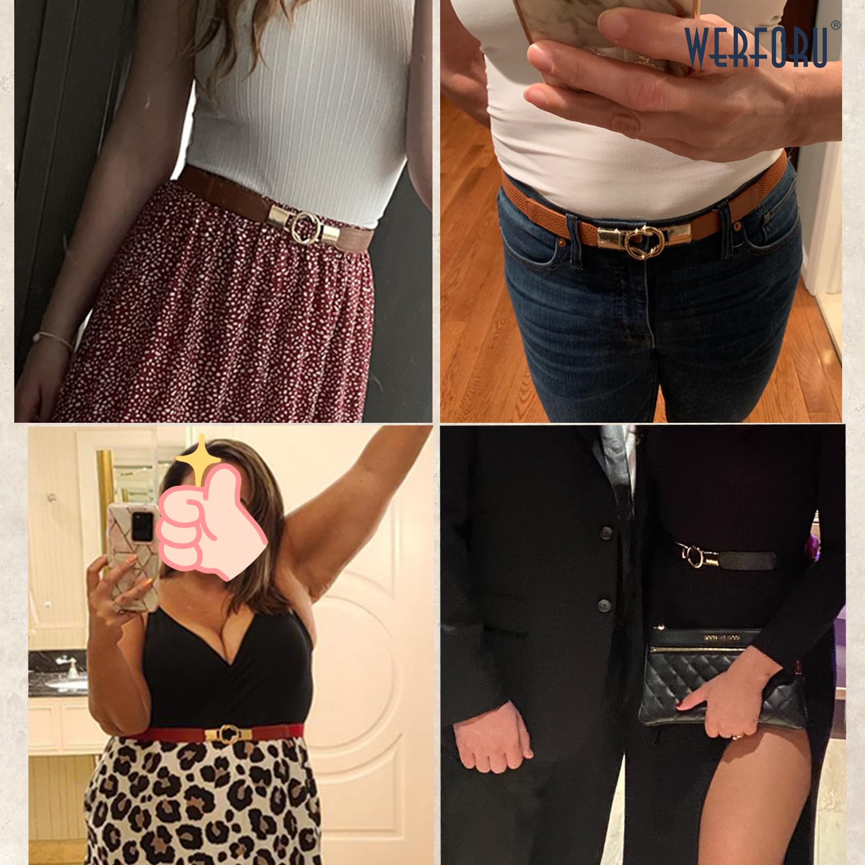 WERFORU 4 Stücke Dünne Gürtel Damen Elastische Taillengürtel Dehnbarer Kleid Gürtel mit Goldene Schnalle