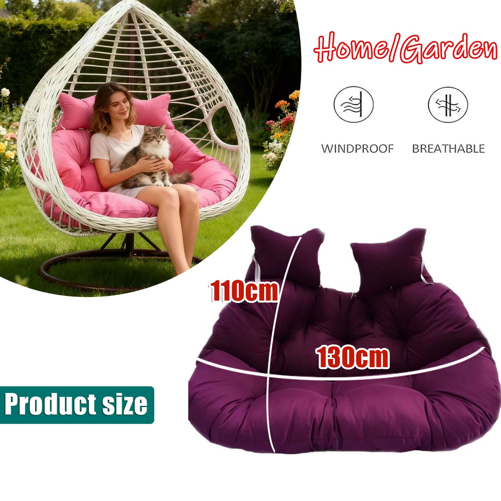 Coussin Fauteuil Suspendu,2 Places Oeuf Chaise Balançoire Coussin Extérieur,Coussin de Remplacement pour Chaise Suspendue,avec Fermeture éclair,pour hamacs,extérieure,Balcon,Jardin