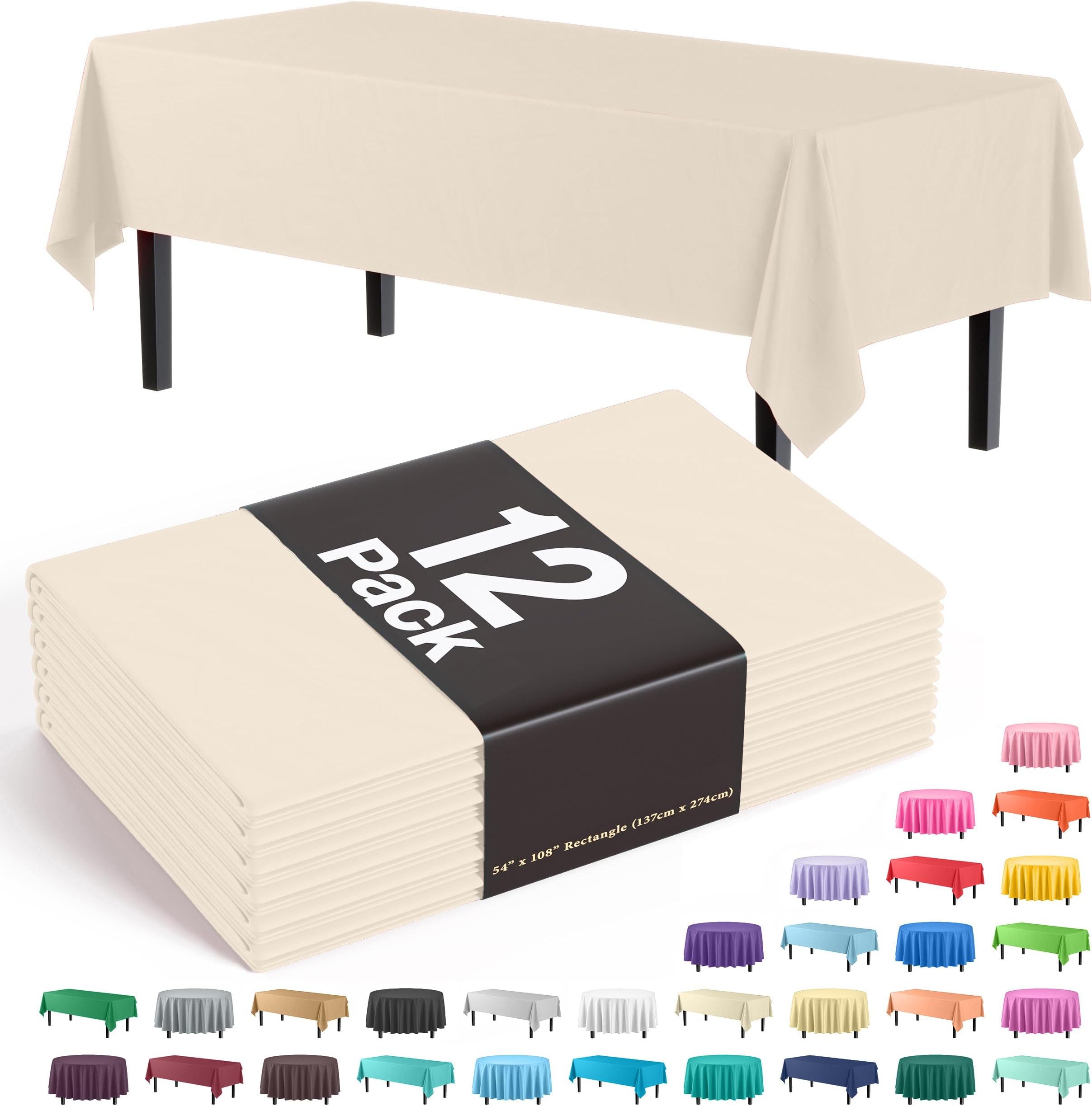 Exquisite 12-Pack Premium Plastic Tablecloth 12-Pack Premium Plastic 54-Inch-by-108-Inch Rectangle Tablecloth, Ivory