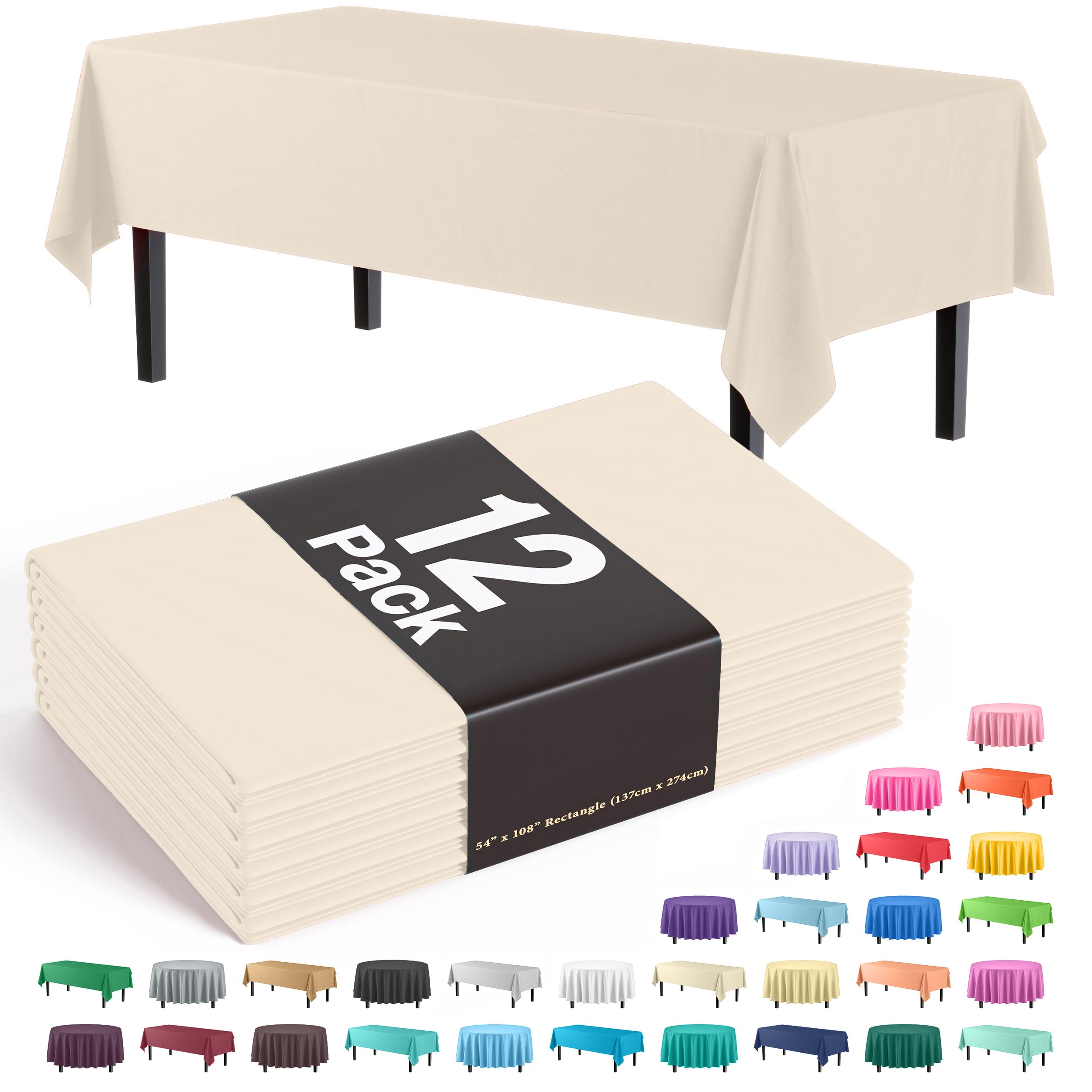 Party Solids 12-Pack Premium Plastic 54-Inch-by-108-Inch Rectangle Tablecloth, Ivory