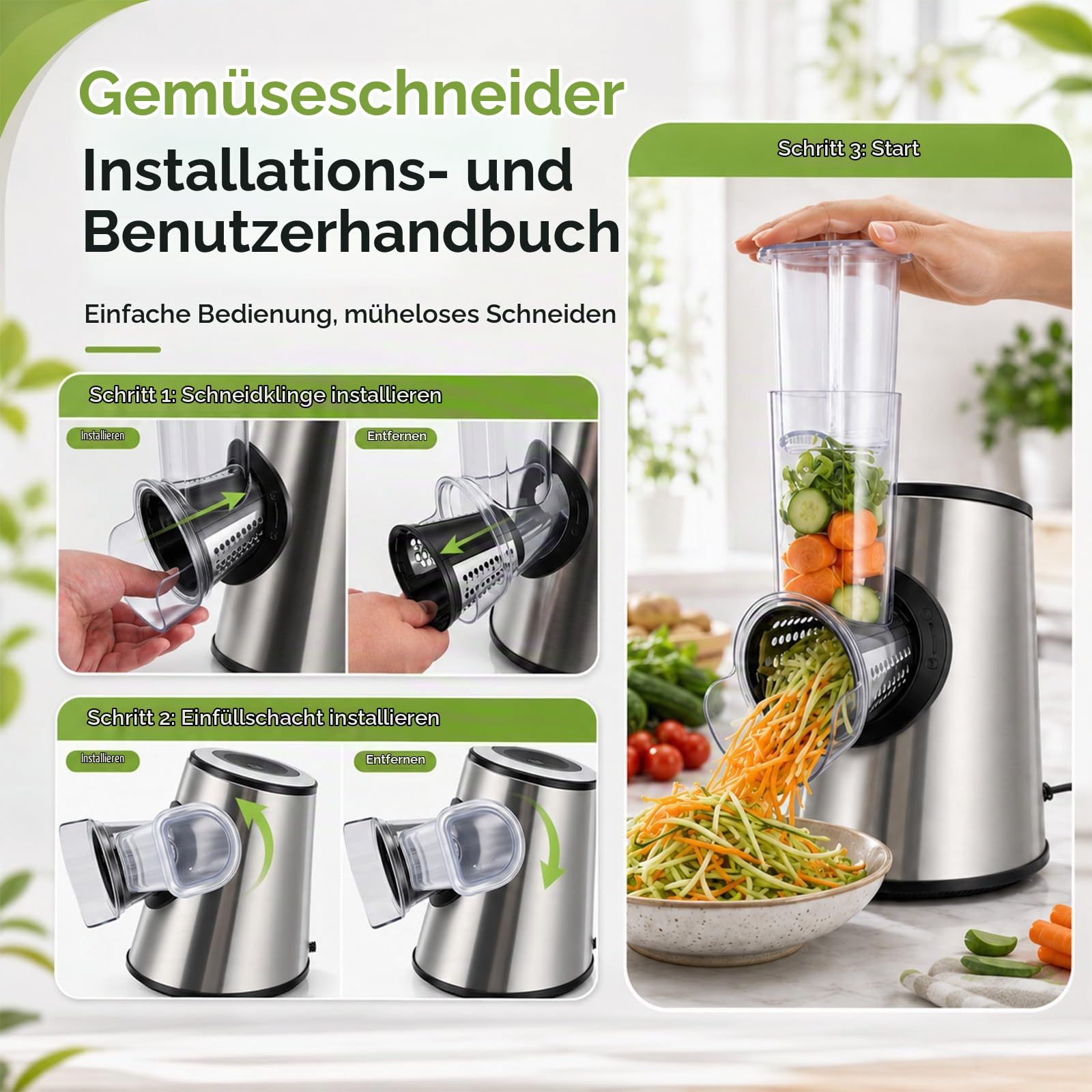 5-in-1 Gemüseschneider Elektrisch 800W, Gemüseschneider mit 5 Edelstahl-Trommeln, 304 Schnitzelwerk Küchenreibe, Profi Elektrischer Gemüsehobel, Spülmaschinenfest, für Käse, Kartoffeln, Silbergrau