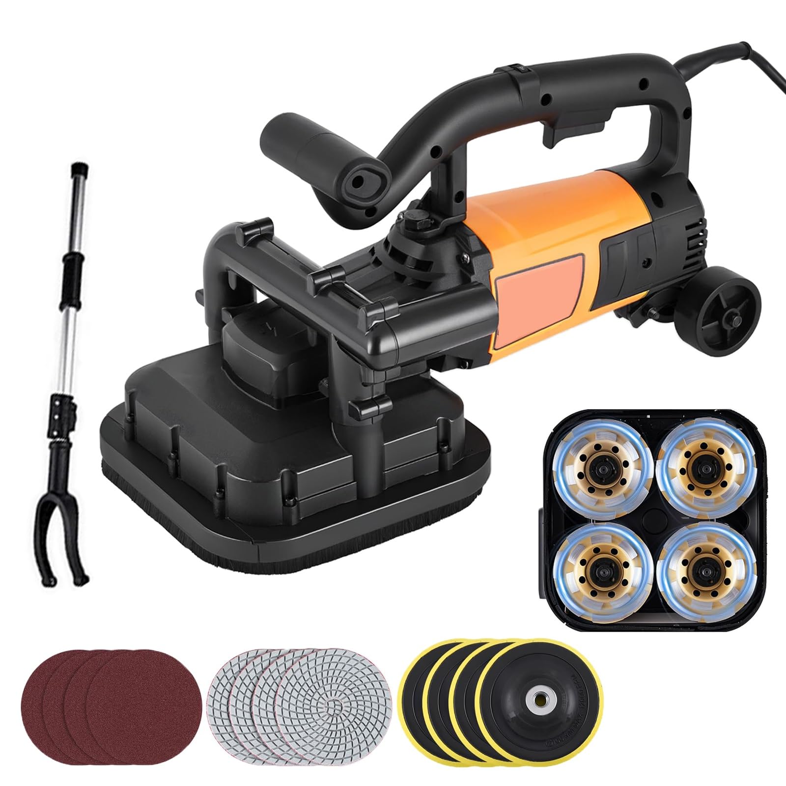 Levigatrice per calcestruzzo, smerigliatrice elettrica a 4 teste con ruote, levigatrice portatile per cartongesso da 3800 W con 6 velocità regolabili per cemento, piastrelle, marmo, granito