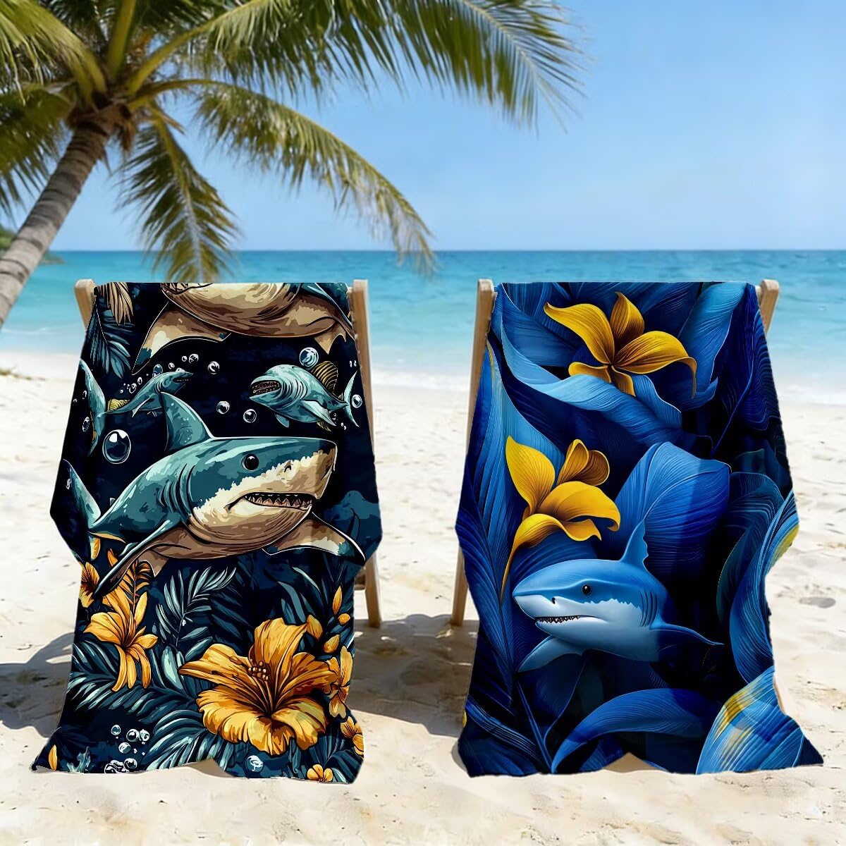Toalla Playa 100x220 cm, Toalla Gimnasio Microfibra Secado Rapido, Juego de 2 Antiarena Toallas de Playa, Ligera Compacta Toallas Microfibra Grande para Viaje, Regalo Hombre Mujer (Tiburón) -5093
