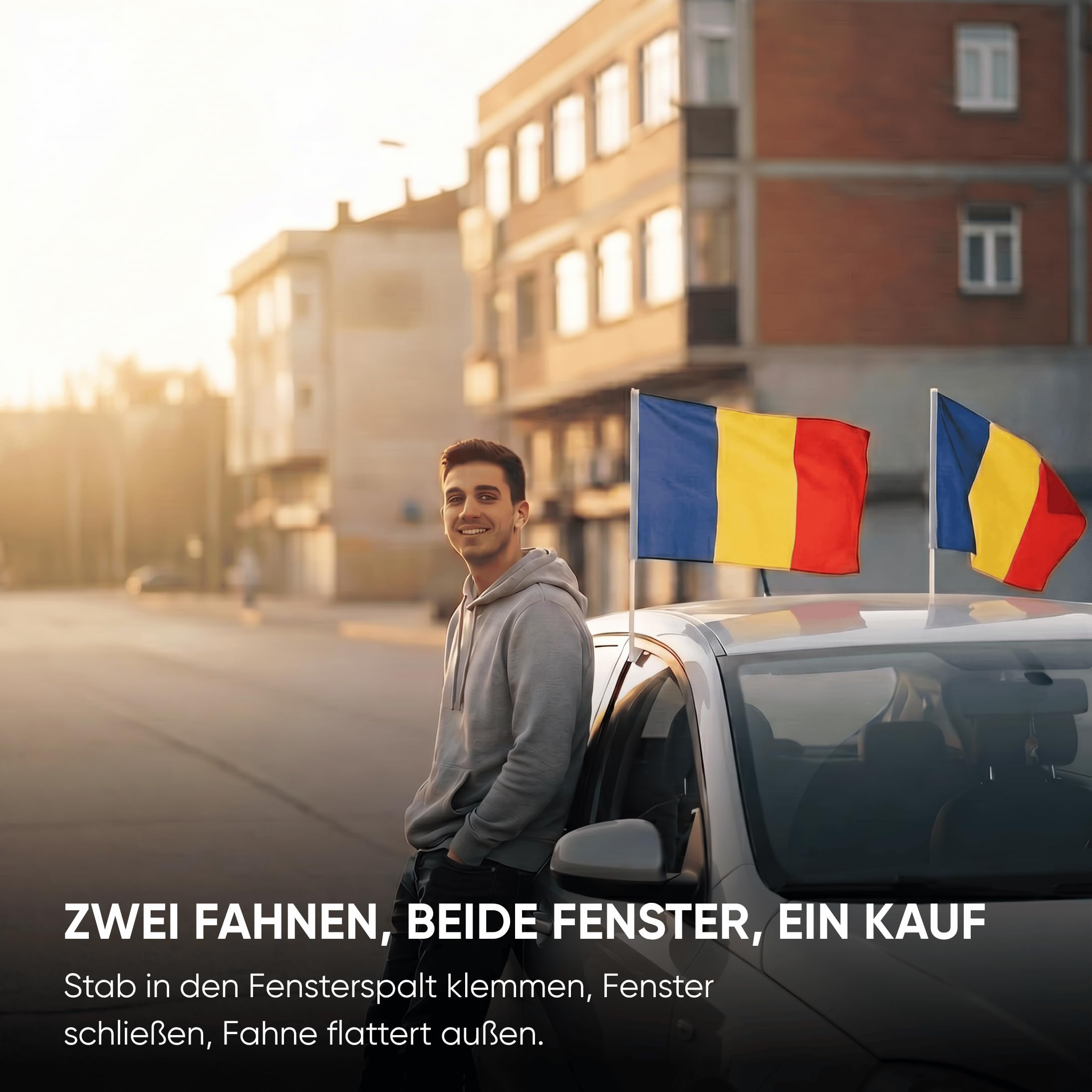 Auto Fahnen Rumänien Komplett Set - Motorhaubenfahne, 2 Autofahnen Fenster & 2 Außenspiegelfahnen, Fußball Fanartikel FZG für EM & WM, Rumänische Flagge Fahrzeug Deko