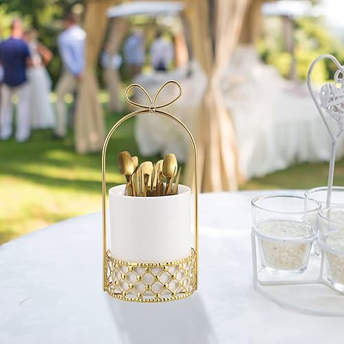 Miniatura 7 de JUXYES Soporte de cubiertos de cerámica para mesa, soporte de cubiertos blanco con soporte de metal dorado, soporte decorativo para cubiertos de