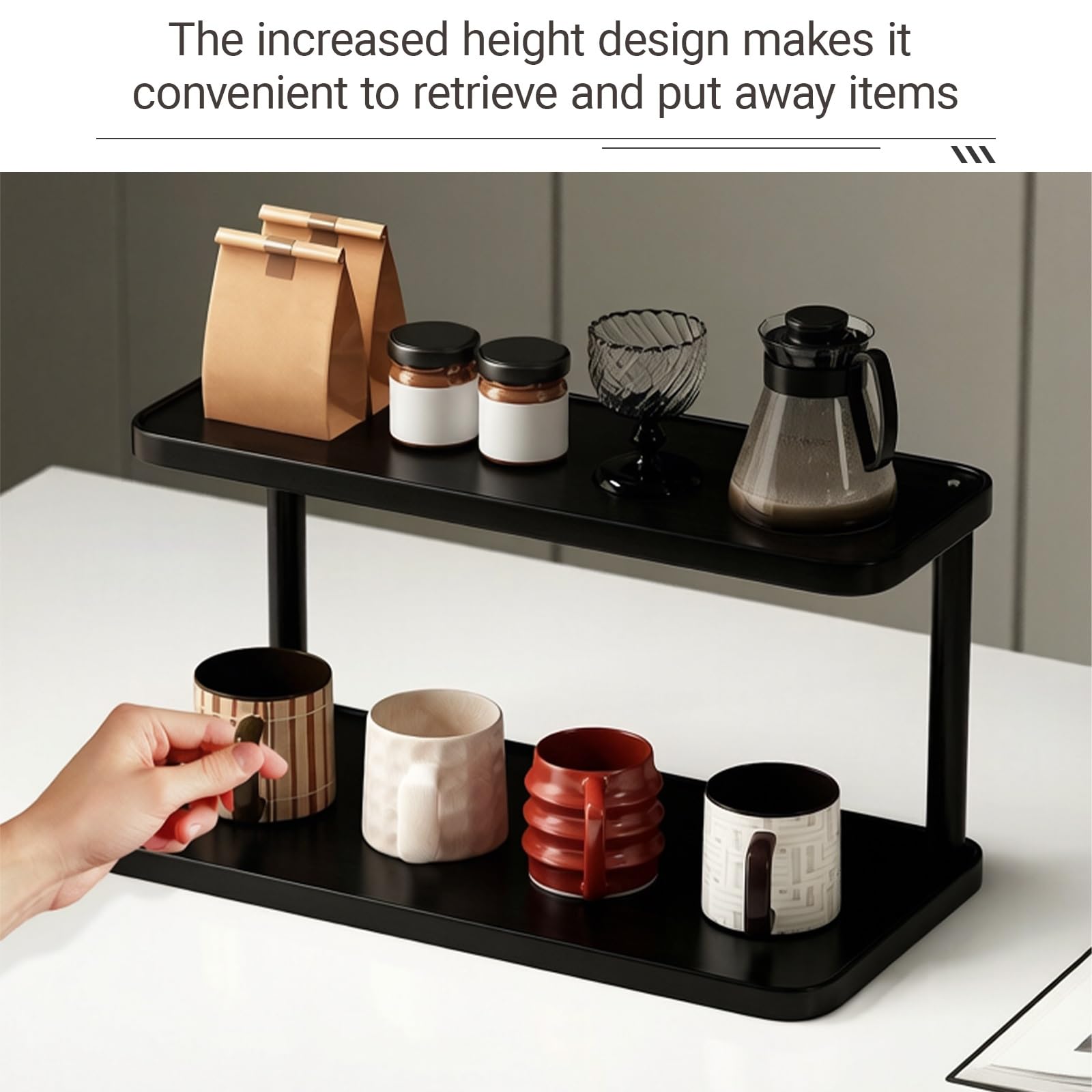 Estante abierto de madera maciza para tazas de café, soporte para tazas de café escalonado, estante de almacenamiento para cocina, oficina, sala de estar (15.7 x 5.5 x 5.7 pulgadas)