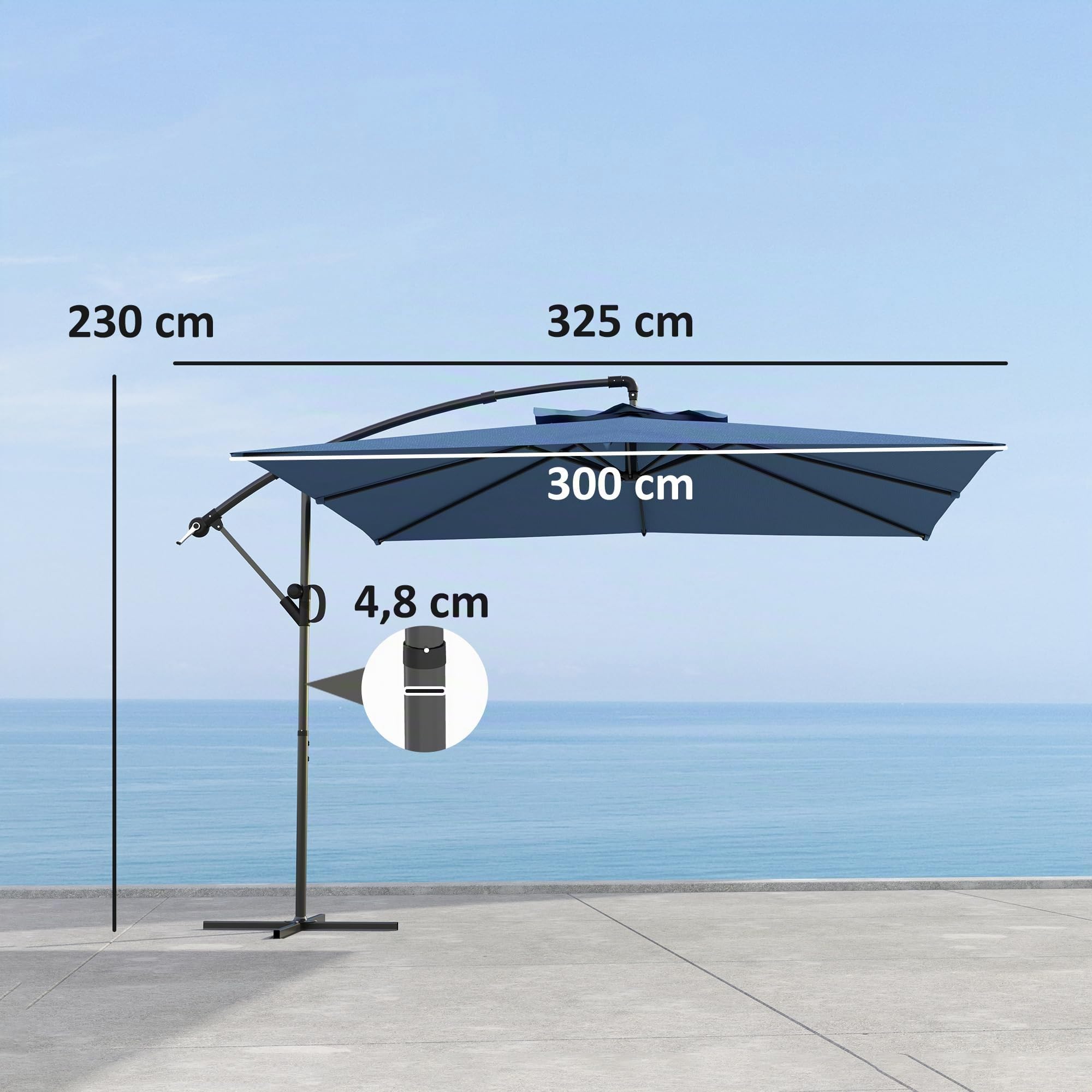 Outsunny Parasol déporté carré 3 x 3 m, parasol de jardin extérieur avec manivelle, base croisée, inclinable et rotation à 360°, toile polyester 180 g/m², protection UV UPF50+