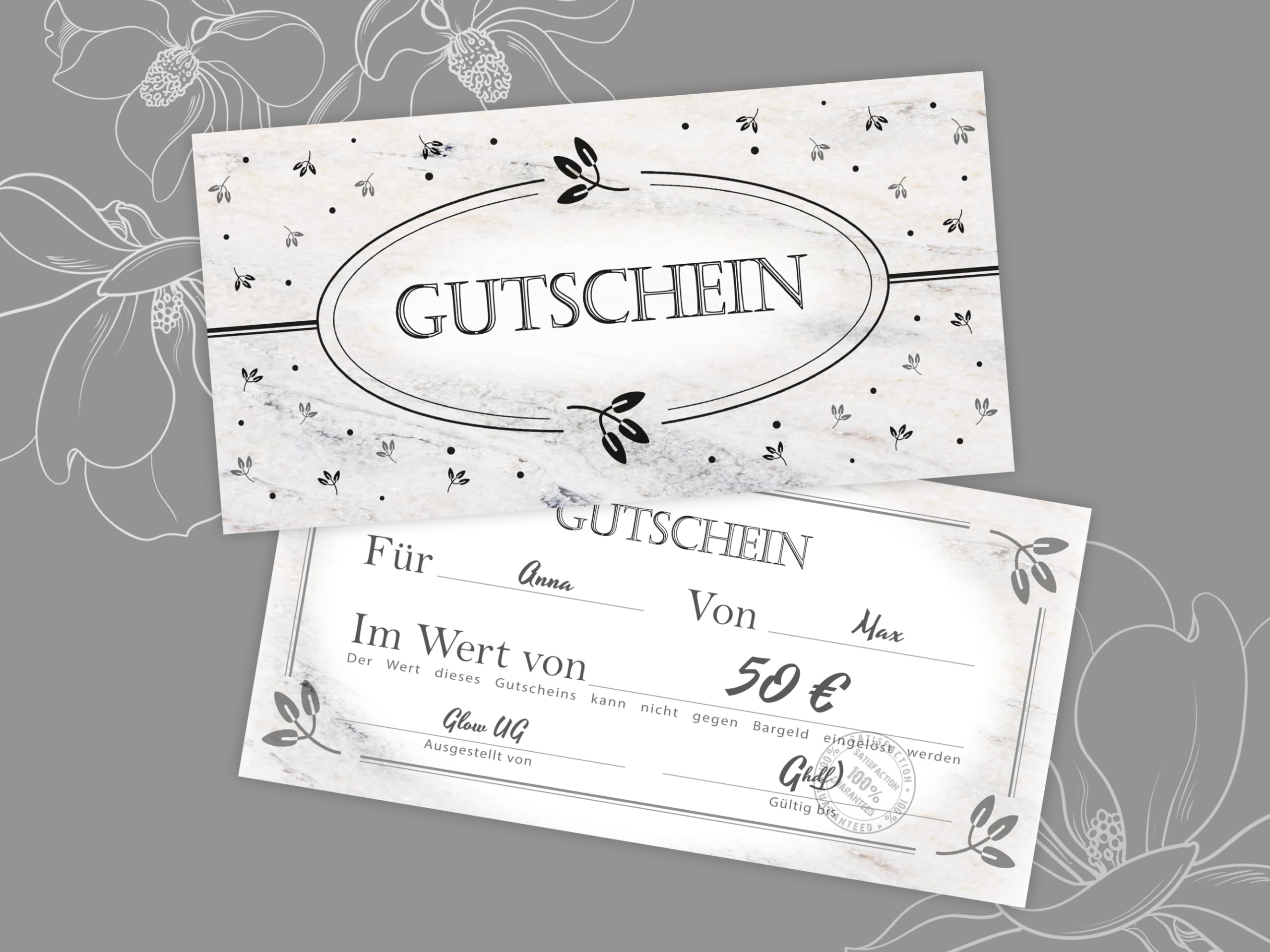 250 Geschenkgutscheine DIN lang plus (21 x 10,5 cm) Elegantes Motiv Vintage Marmor grau schwarz. Blanko Gutscheine zum Ausfüllen Geschenk Karte für Massage Wellness Nagelstudio Beauty Spa