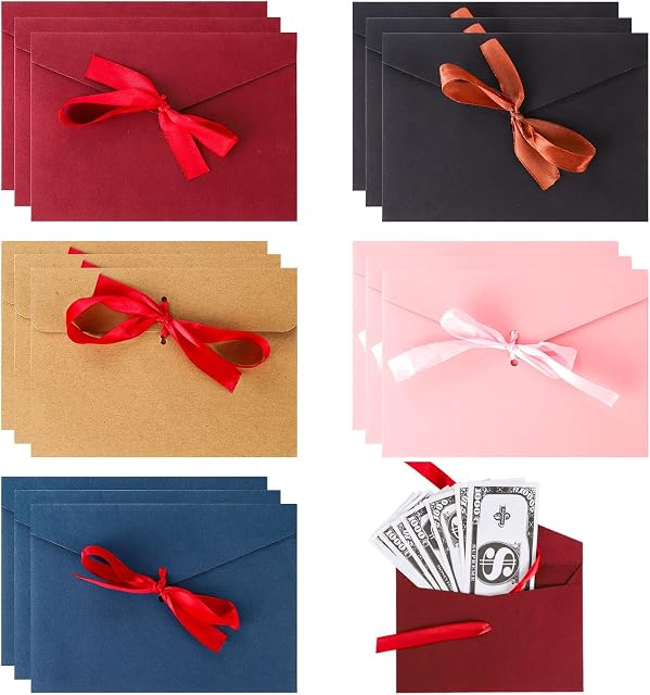 16 Pcs Money Envelopes with Ribbons, Retro Kraft Gift Card Envelopes Brown Wage Vintage Envelopes for Wedding Birthday Invitation Greeting Christmas Valentine's Father's Day Gift Card (5 Colors)