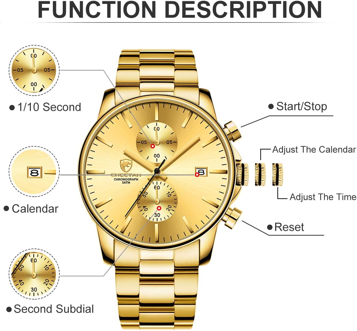 GOLDEN HOUR Fashion Business Mens Watches with Stainless Steel Waterproof Chronograph Quartz Watch for Men, Auto Date - Image 3