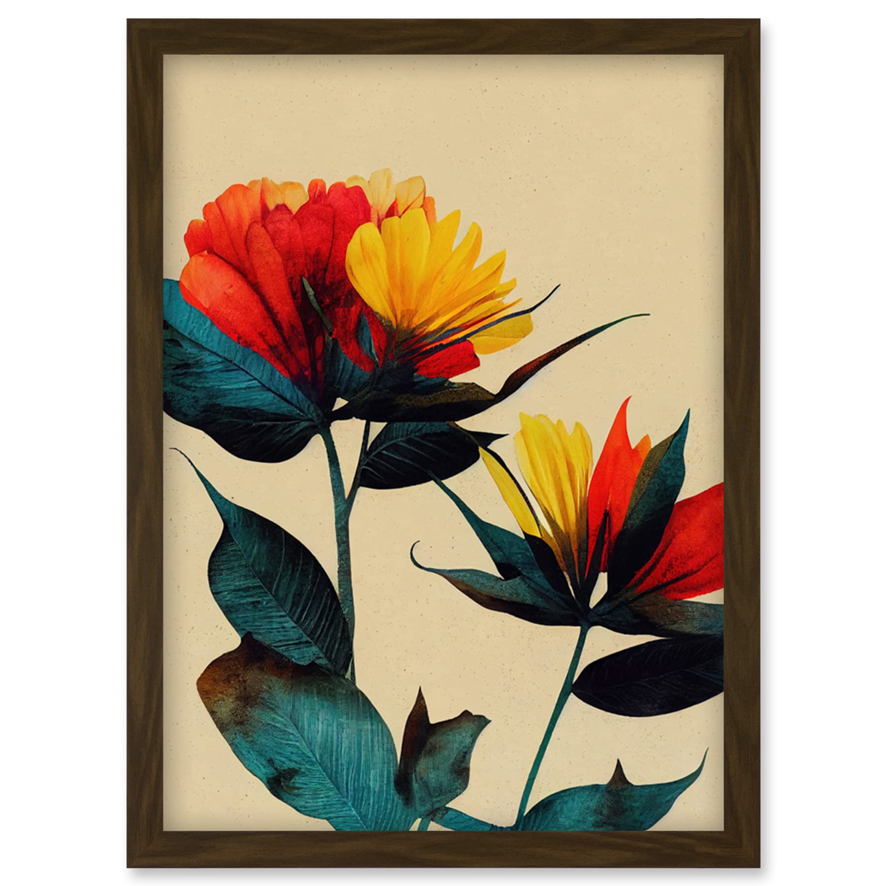Wee Blue Coo Botanical Bold Flowering Yellow Red Teal Artwork Framed Wall Art Print A4