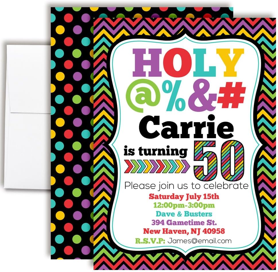 Custom Birthday Invitations 50th Birthday Invitation 20 5x7 Custom 50 Party Invitation Cards With Envelopes - Unique 50th Party Invitations Hilarious Holy &*$% Theme