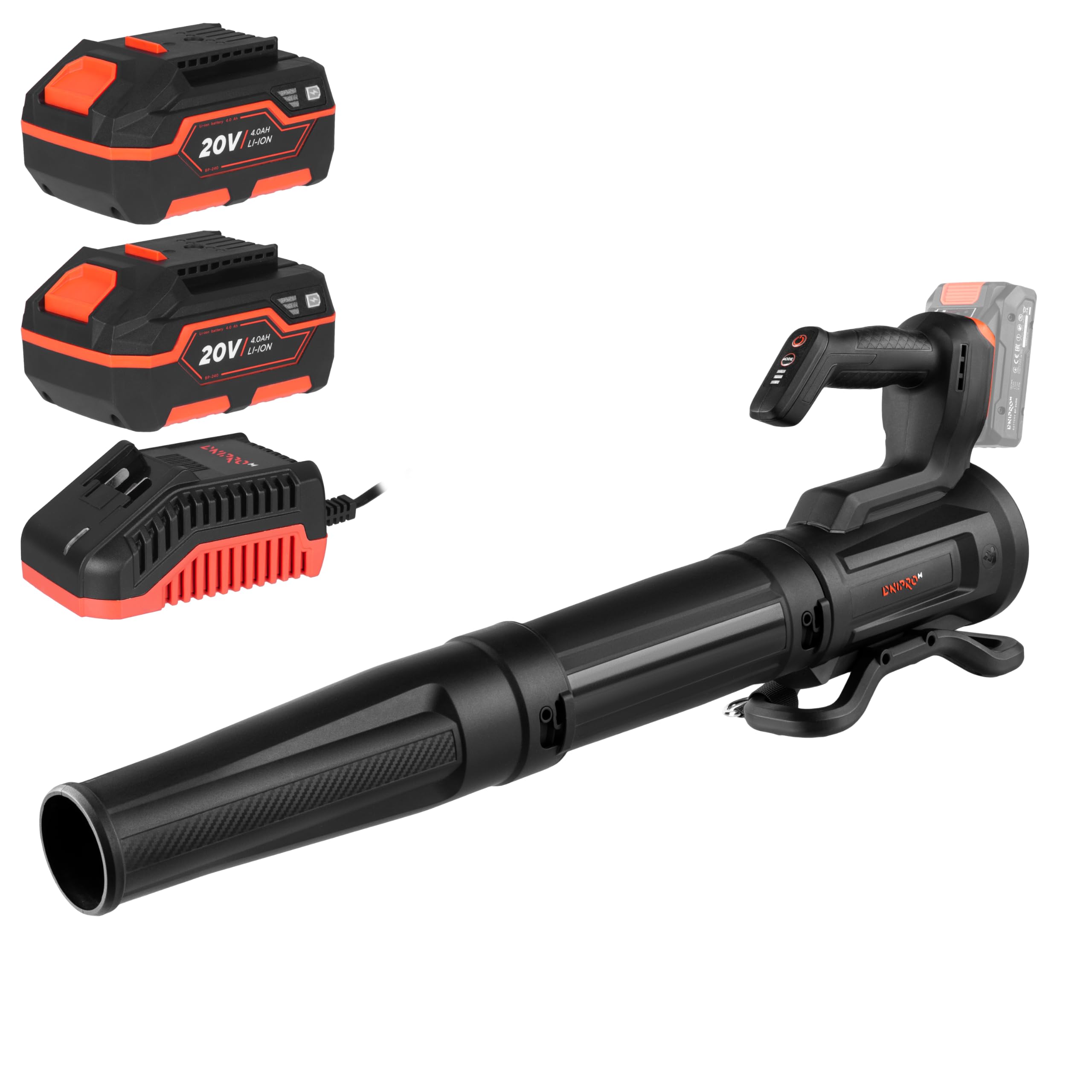 Soffiatore di foglie a batteria da 20 V, motore brushless, 50 m/s, 3 velocità, 610 m³/h, leggero 1,3 kg, include 2 batterie 4 Ah e doppio caricabatterie. DCB-201BC