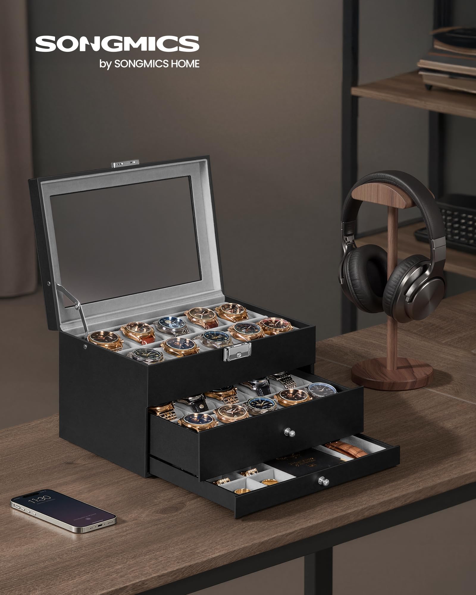 SONGMICS UJWB036B101 - Scatola per orologi, 20 scomparti, con grande coperchio in vetro, cuscini rimovibili, chiusura in metallo, regalo per i propri cari, in pelle sintetica nera, fodera grigia